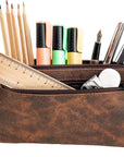 Leather Pencil Case Pouch 8" X 4" Handcrafted Leather Pen Case with Zipper - Elegant & Practical Brown Leather Pencil Pouch with Side Pouches - Pencil Pouch Leather