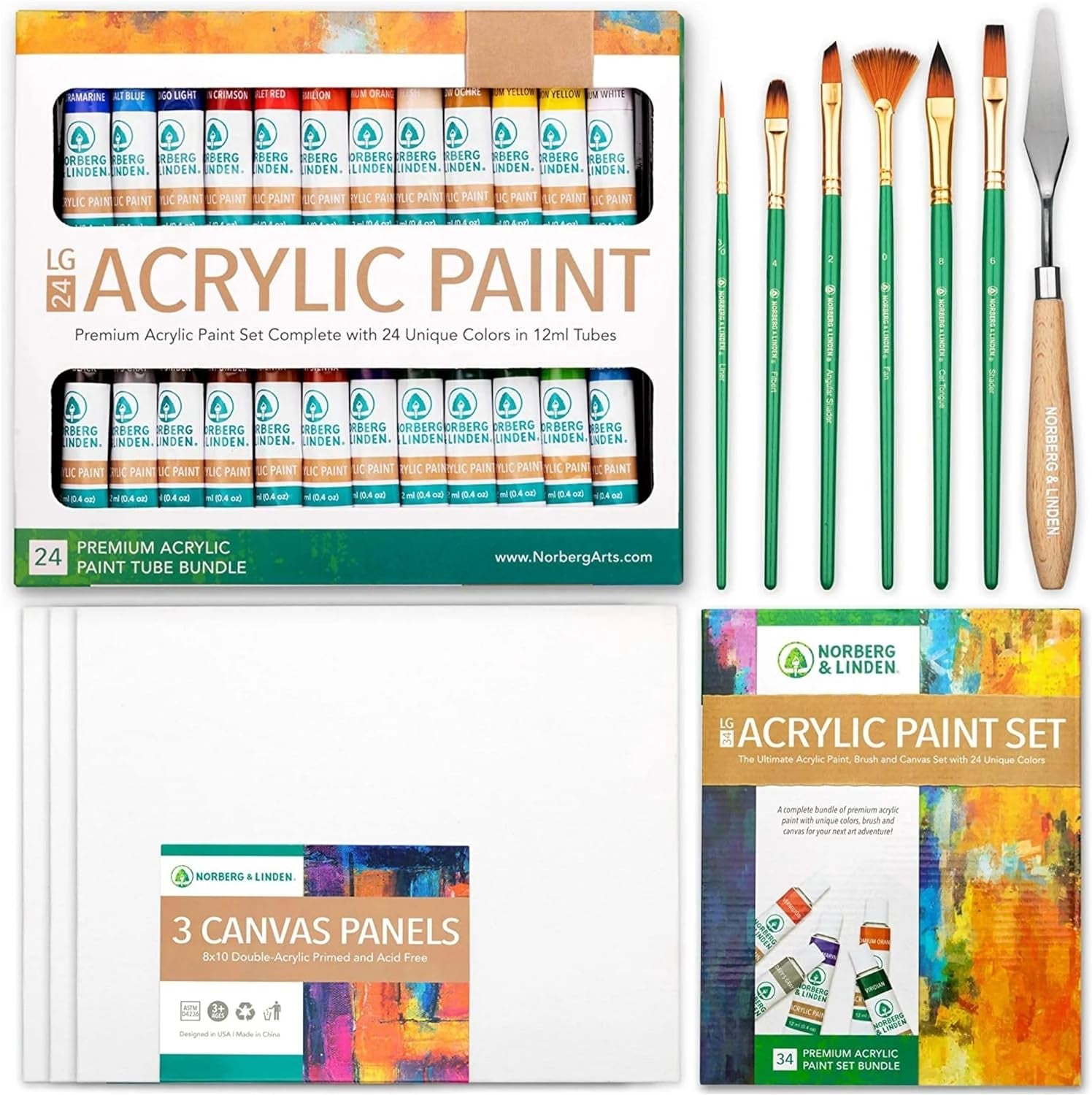 Acrylic Paint Set - Canvas and Acrylic Paint Sets for Adults, Teens, Kids - Includes 12 Vivid Colors, 3 Painting Canvas Panels & 6 Assorted Brushes