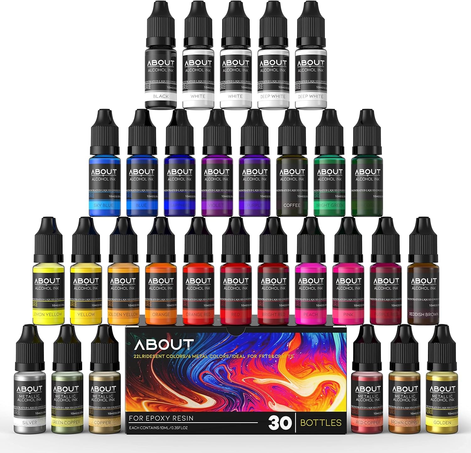Alcohol Ink Set, 30 Bottles Vibrant Colors Concentrated Alcohol-Based Ink, Metal Dyes, for Resin Petri Dish Making, Epoxy Resin Art, Tumbler Cup Making,Painting, 10Ml /Each