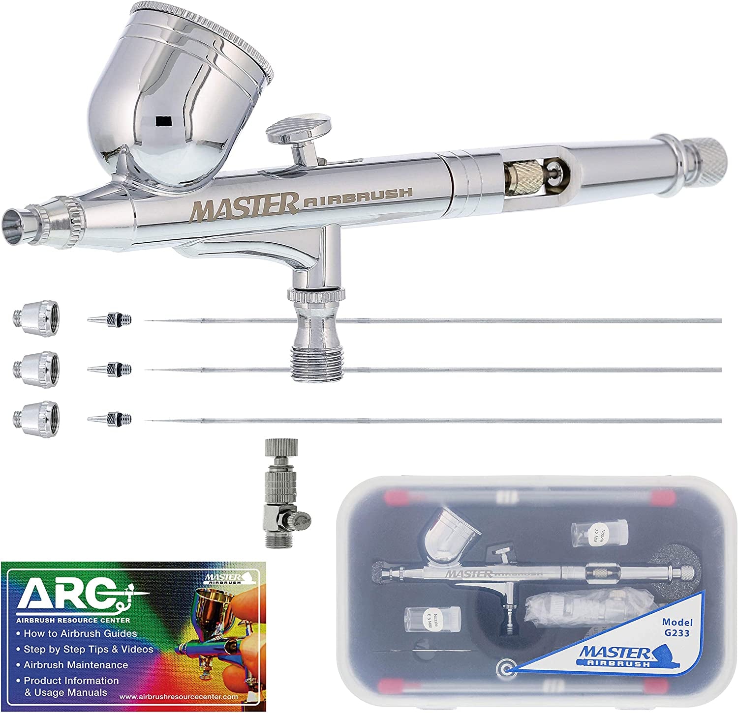 G233 Pro Set with 3 Nozzle Sets - Dual-Action Gravity Feed Airbrush with Cutaway Handle and How-To Guide