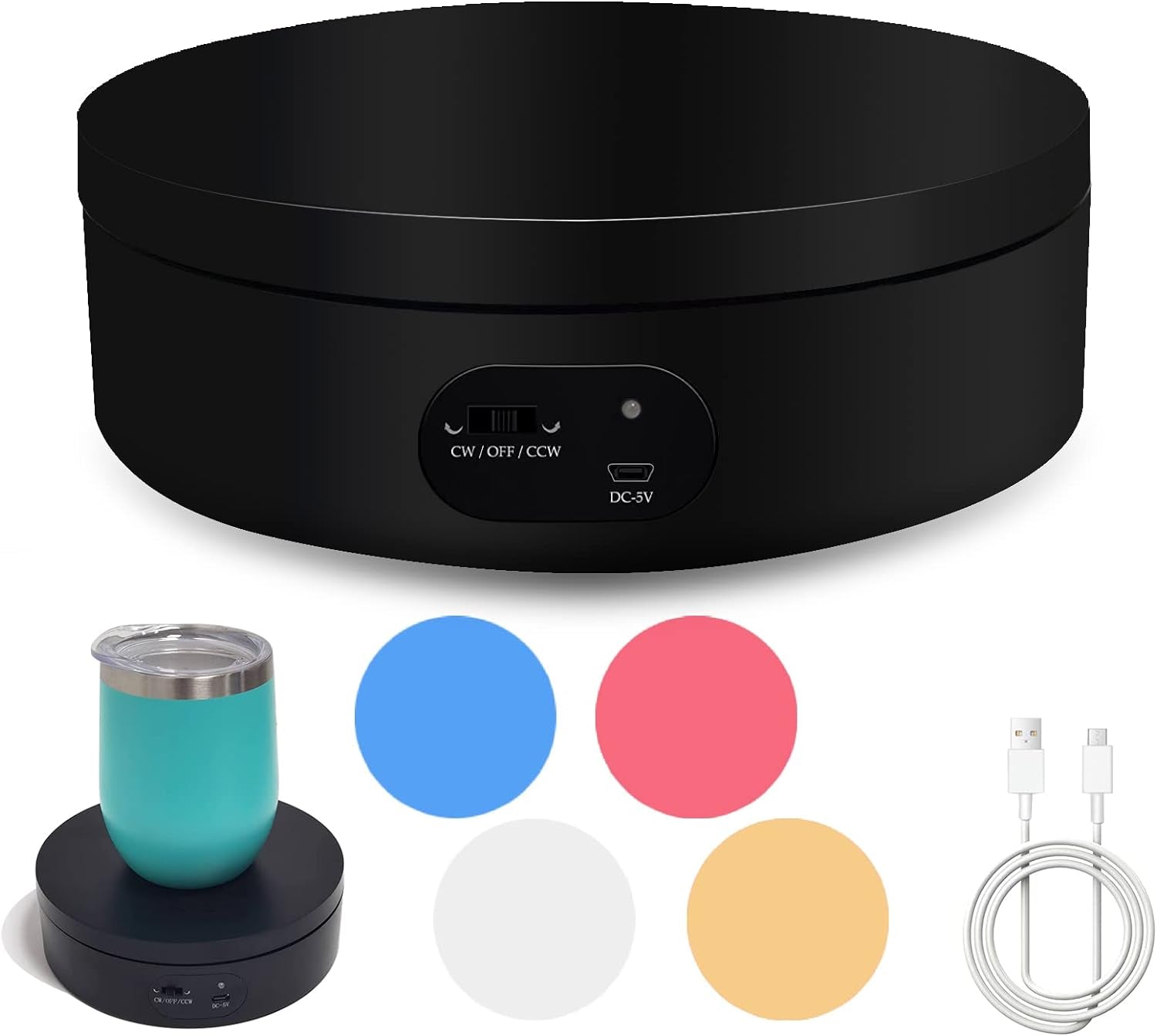 Motorized Rotating Display Stand,Turner Cup Platform for Epoxy Glitter Tumbler, 360 Automatic Mute Rotating Turntable, Tumbler Making Supplies Spinner, Base for Product Video Show ,Balck 4.72In