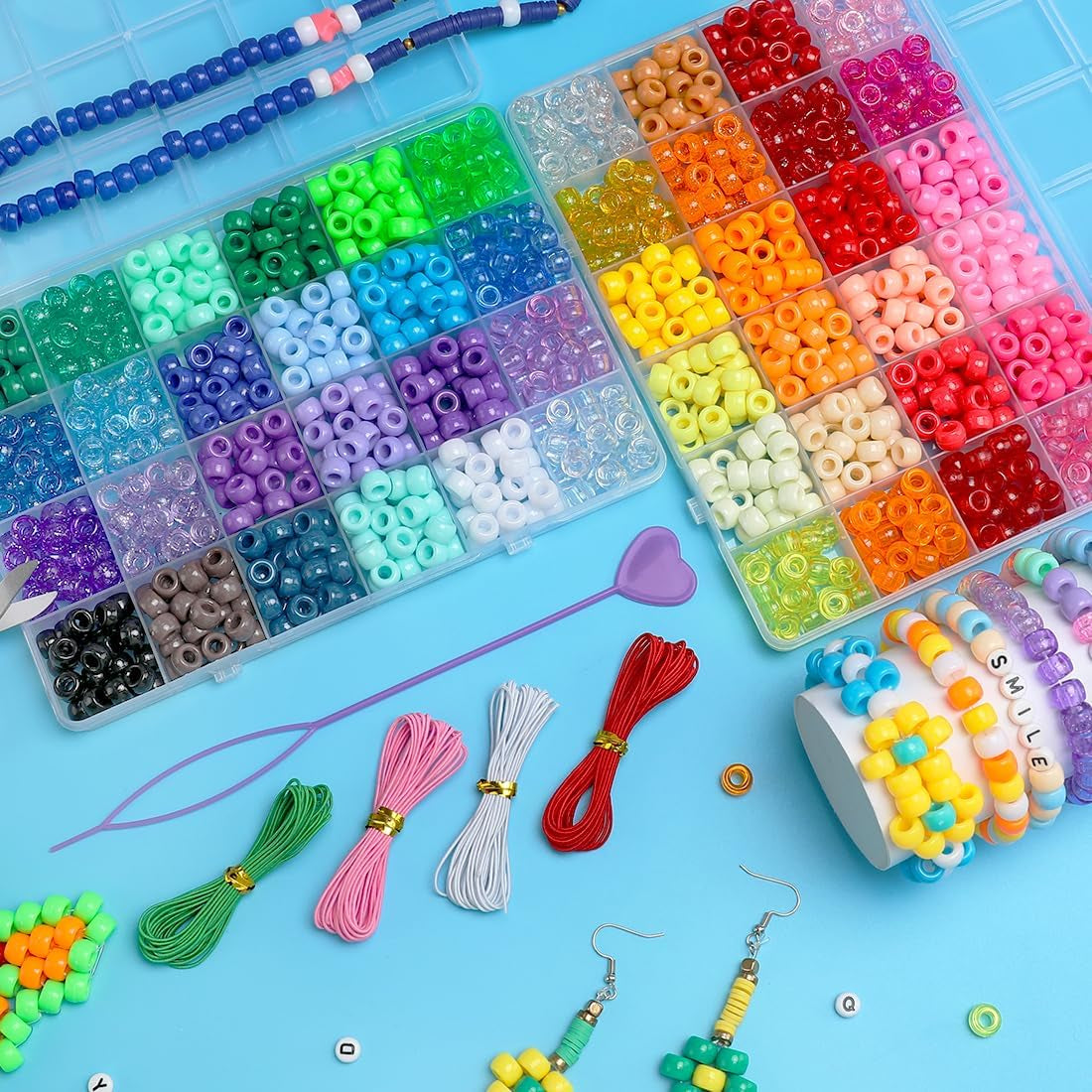 Pony Beads, 48 Colors Bracelet Making Kit, 6X9Mm Beads for Bracelets with Elastic Strings, Beads for Jewelry Making, Multi-Colored Bracelet Beads for Hair Braids, Crafts