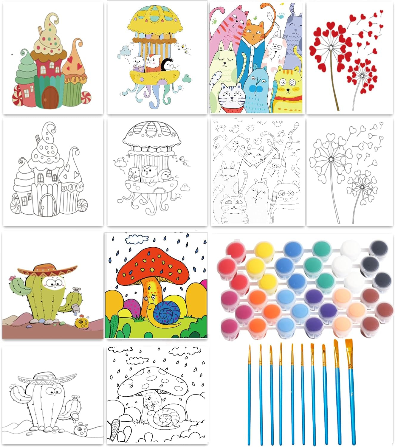 Kids Predrawn Canvas for Painting - 6 Packs 8X10 in Painting Canvas Panels Acrylic Paint Set with 12 Paints 10 Brushes for Girls Boys and Beginners