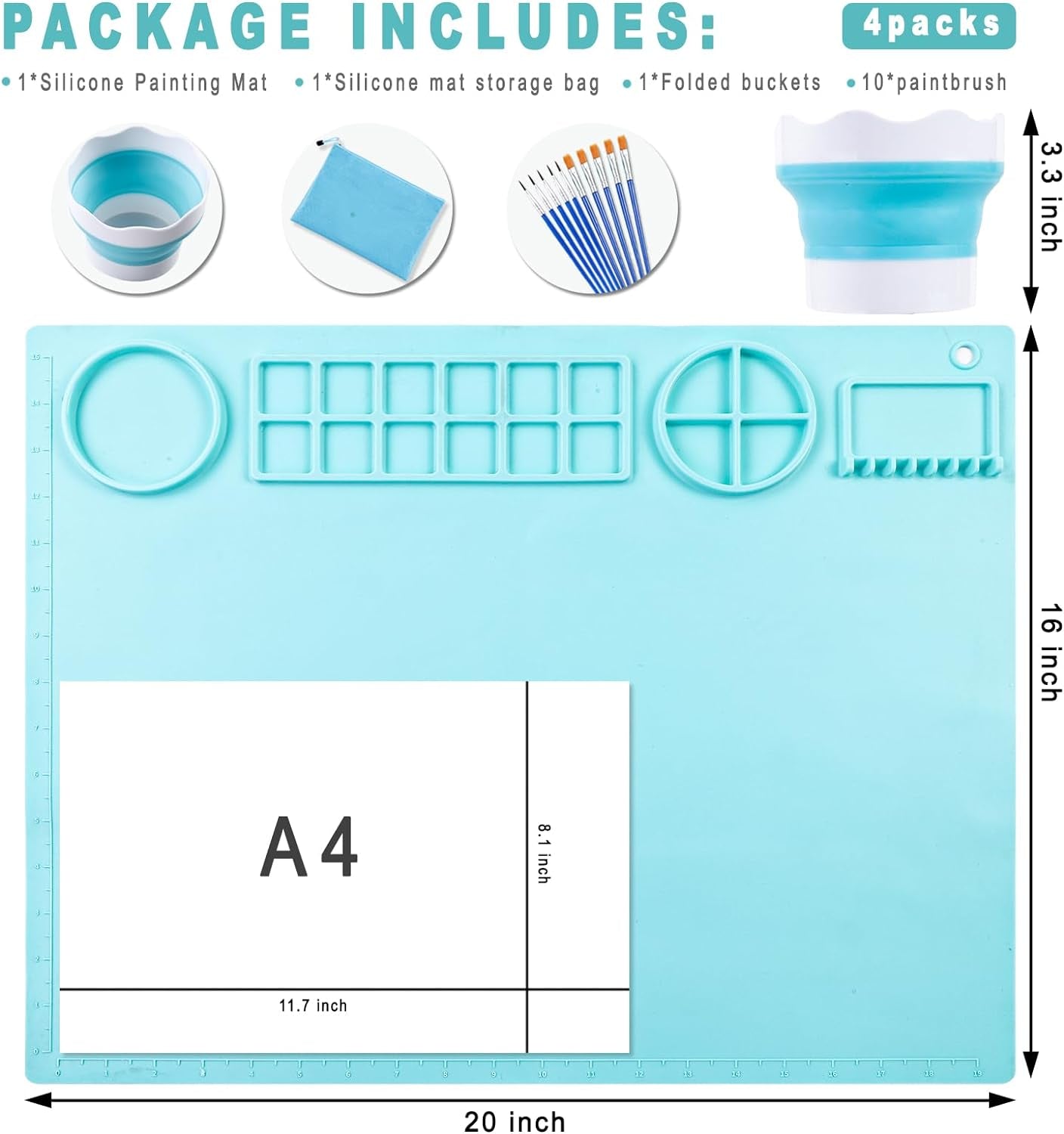 Silicone Craft Mat 20X16 Inch Large Silicone Art Mat with Detachable Cup Painting Mat with 10 Painting Brushes Silicone Drawing Mat Sheets for Kids Adult DIY Accessories (Blue)