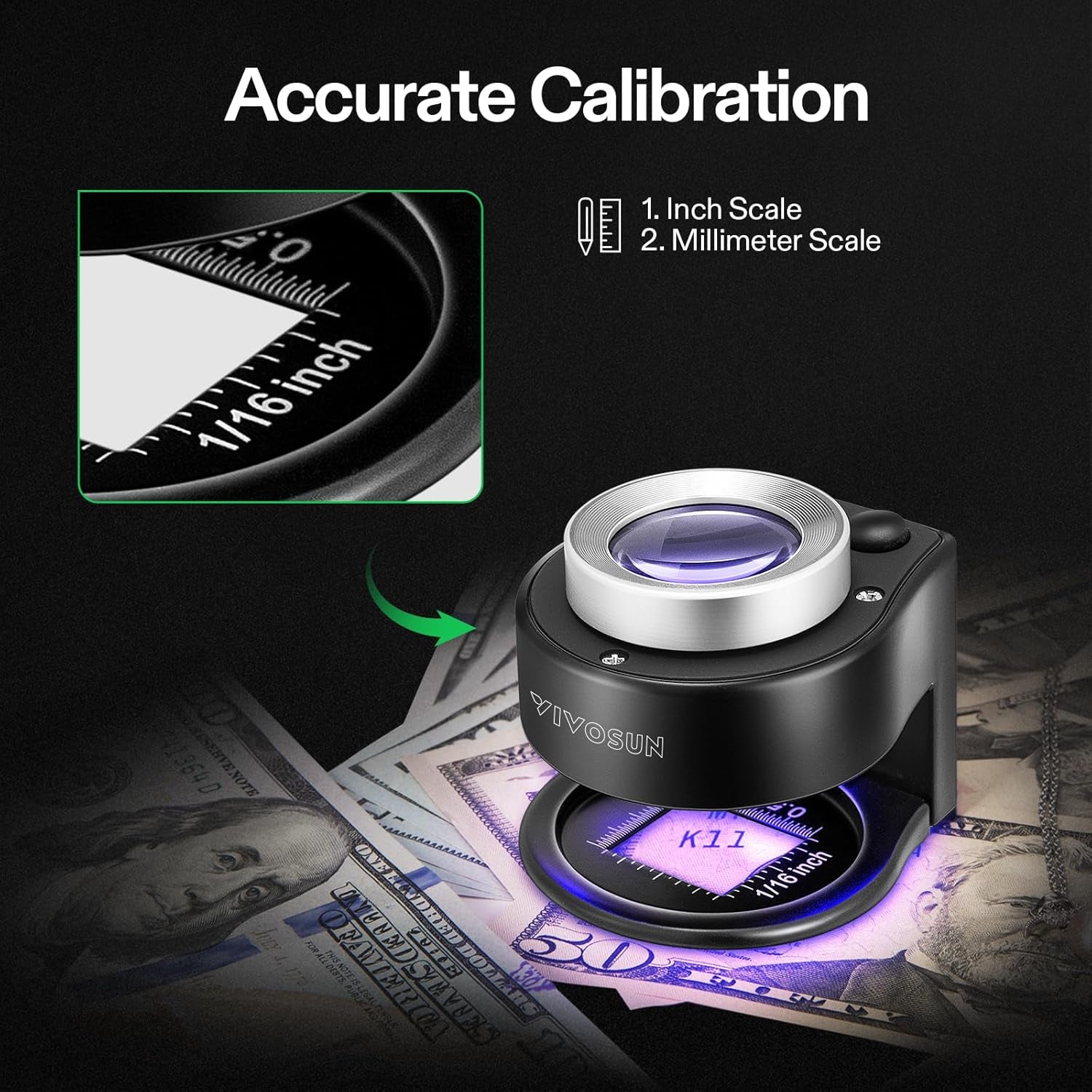 30X Rechargeable Loupe Magnifier with White LED Light and UV Light, Portable Magnifying Glass with Optical Glass Lens &amp; Scale for Jewelry, Textile, Gems, Stamps, Coins and Plants