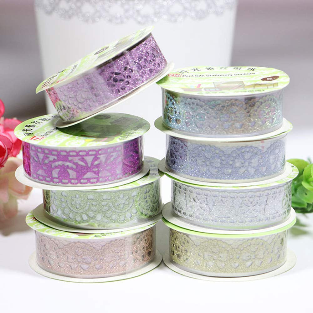Lace Washi Tape, 6 Roll Lace Pattern Glitter Bling Self-Adhesive Tape Diamond Washi Tape Masking DIY Scrapbooking Lace Tape Sticker Color Random