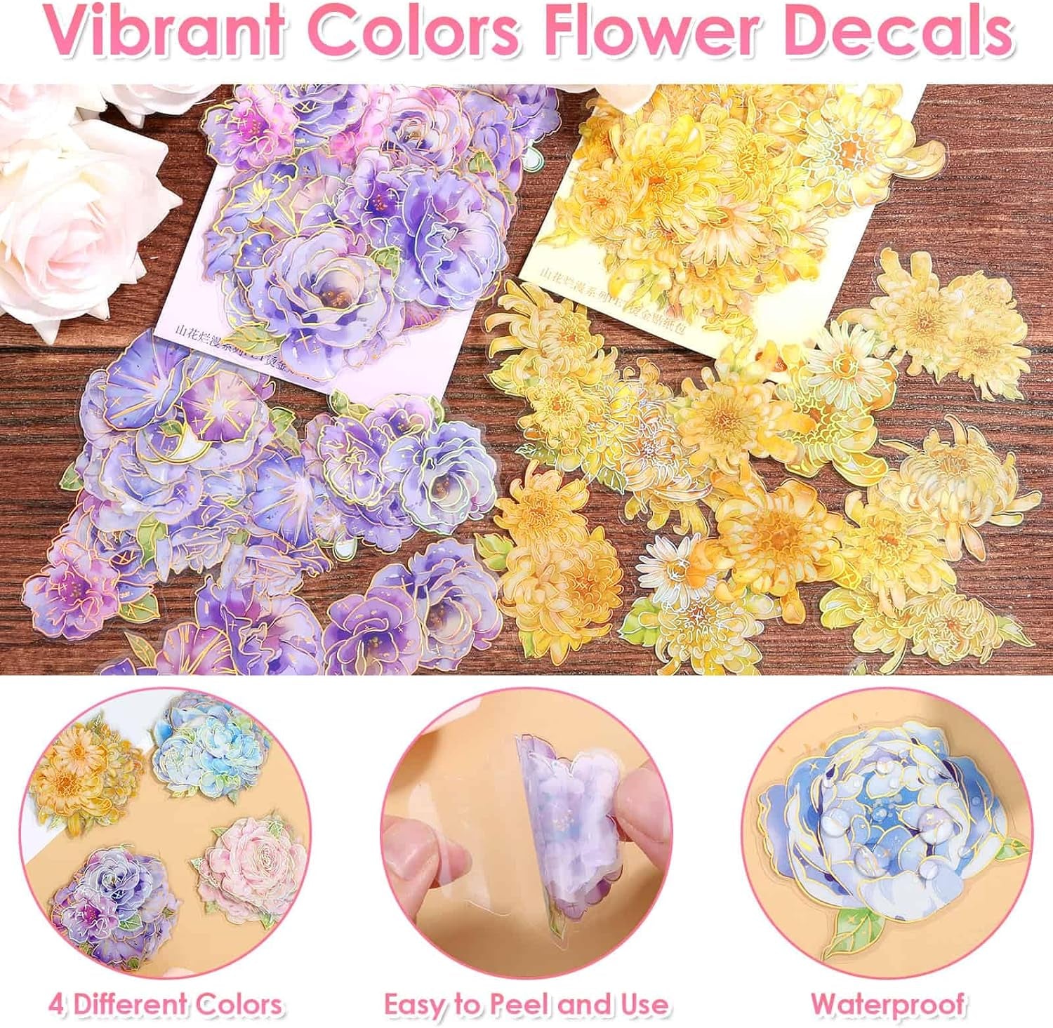 180Pcs Large Flower Stickers with Gold Foil Holographic Outlines, Waterproof Floral Stickers Vinyl Decorative Decals for Scrapbooking Supplies Junk Bullet Journals Envelopes Resin Crafts