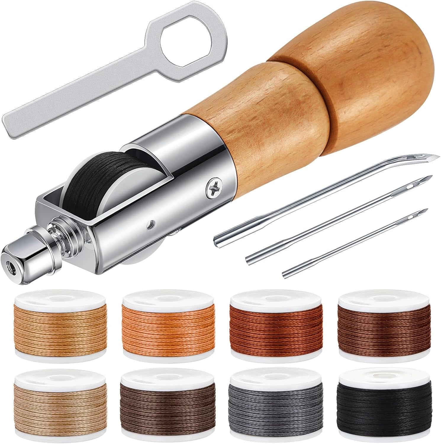 12 Pieces Leather Sewing Awl Hand Stitcher with Craft Accessories Set, Hand Awl Tool, 3 Sizes Needles and Replacement Spools of Thread, Stitching Awl Tool Kit (Multicolor)