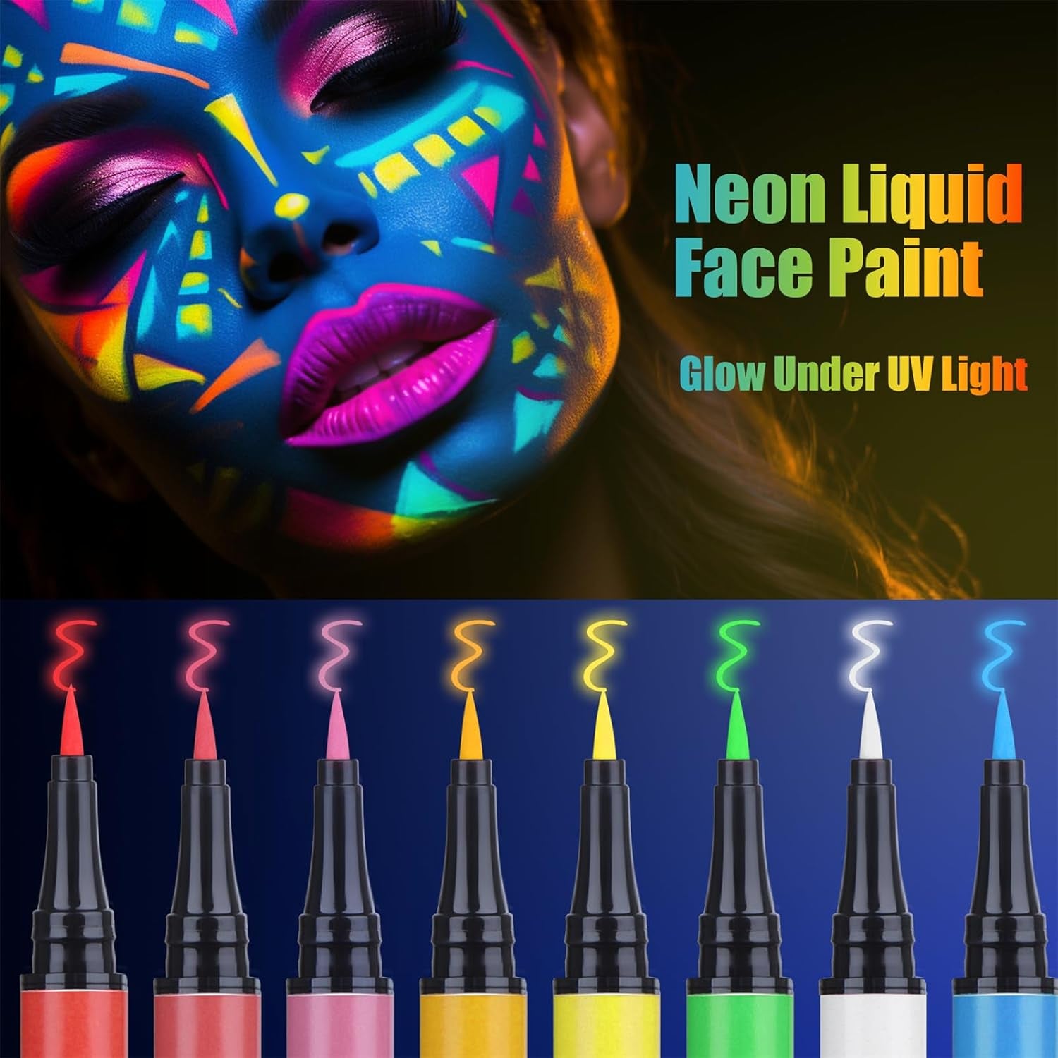Water-Resistant Face Paint Pen Glow in the Dark under UV Light 8 Neon Rainbow Colors Smudge Proof Waterproof Body Painting Kit for Kids Tattoo Skin Markers Eye Makeup for Halloween