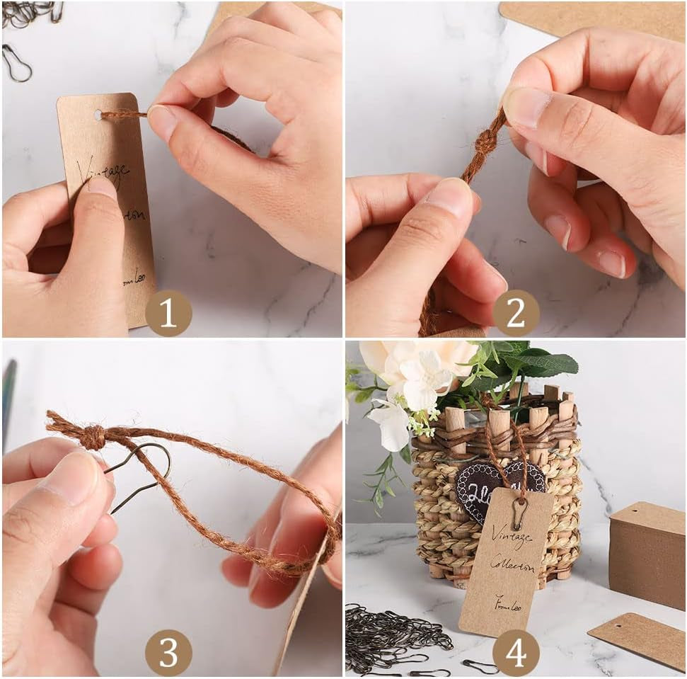 100 Pcs Gift Tags with String, Christmas Stocking Tags Blank Marking Tags with Safety Pins,Name Tags for Gift Bags Label Clothes Arts and Crafts (Kraft Paper)