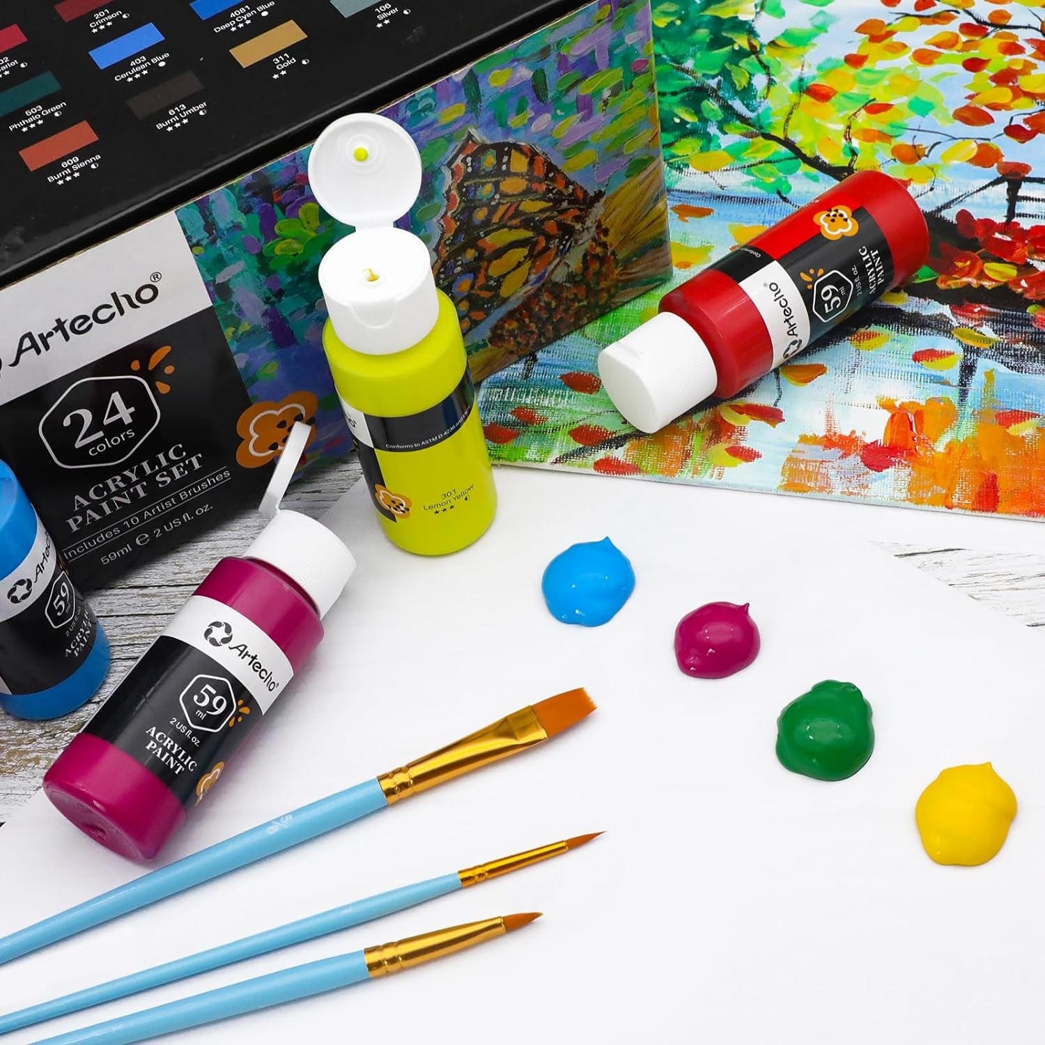 Acrylic Paint Set with 10 Brushes and 24 Colors 2Oz Art Craft Paint, Acrylic Paint Sets for Adults and Beginners, Art Supplies Painting Kit for Canvas, Wood, Rocks, Fabric, Glass