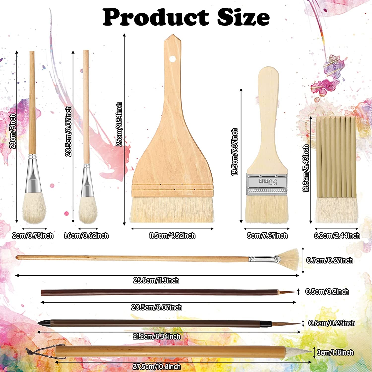 9 Pcs Pottery Glaze Brushes Ceramic Brushes Set Different Shapes Glaze Brushes for Pottery Acrylic Watercolor Wool Bristle Art Paintbrush Sets for Painting Artists Rock Students Adults Kids