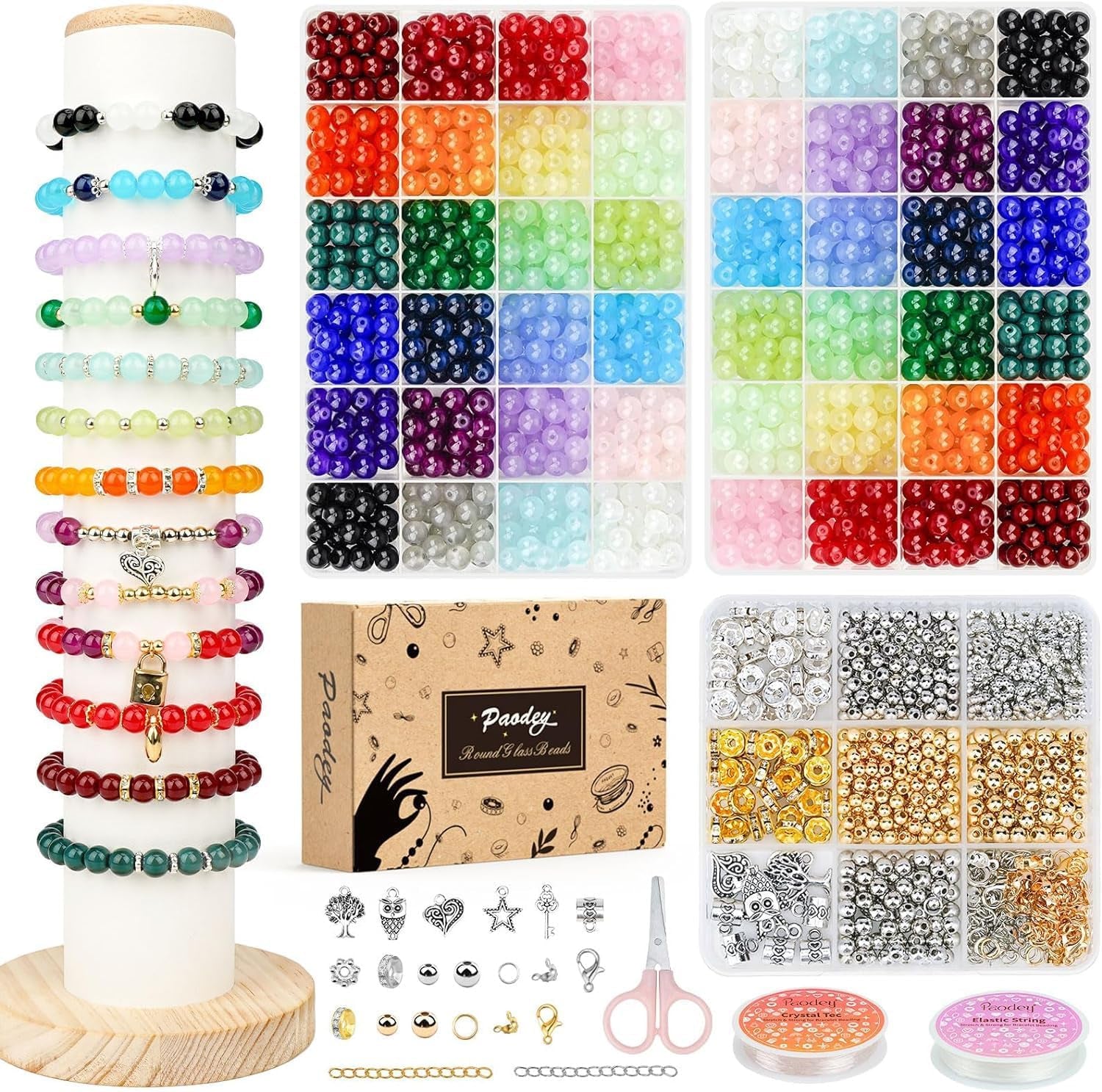 8Mm Glass Beads Bracelet Making Kit 1600PCS, Crystal round Beads for Jewelry Making, 24 Colors 3 Box Bracelet Beads DIY Craft for Teen Adults