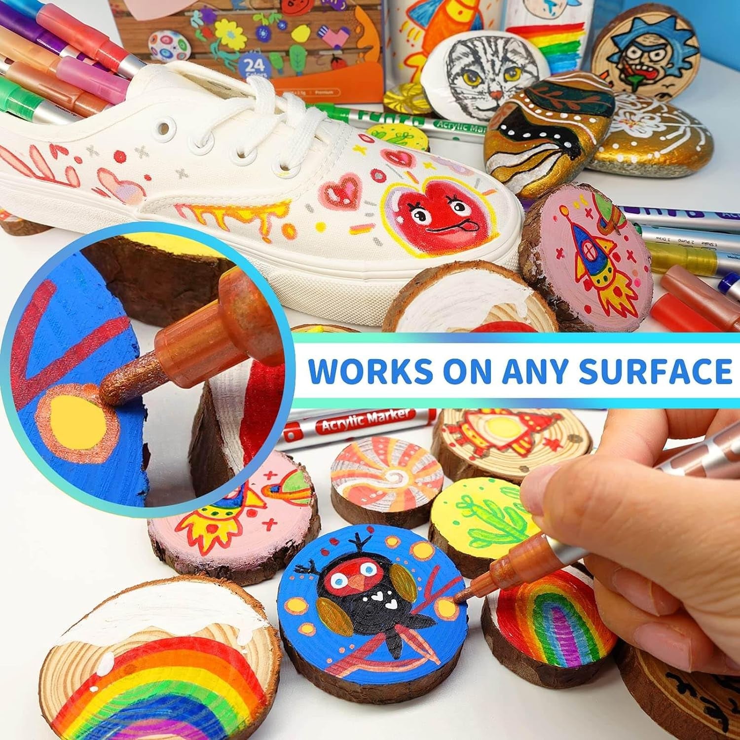 Acrylic Paint Pens for Rock Painting, Fabric, Wood, Canvas, Metal, Ceramic, Glass, 12 Colors Paint Marker Set, Non-Toxic, Quick Drying