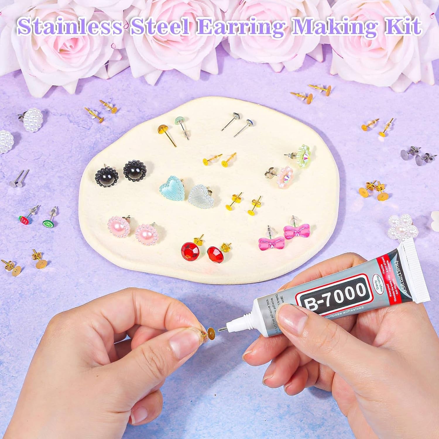Jewelry Glue with Earring Posts for Jewelry Making, 600Pcs Stainless Steel Earring Posts and Backs Silver and Gold Earring Posts with Rubber Earring Backs for Earring Making Supplies