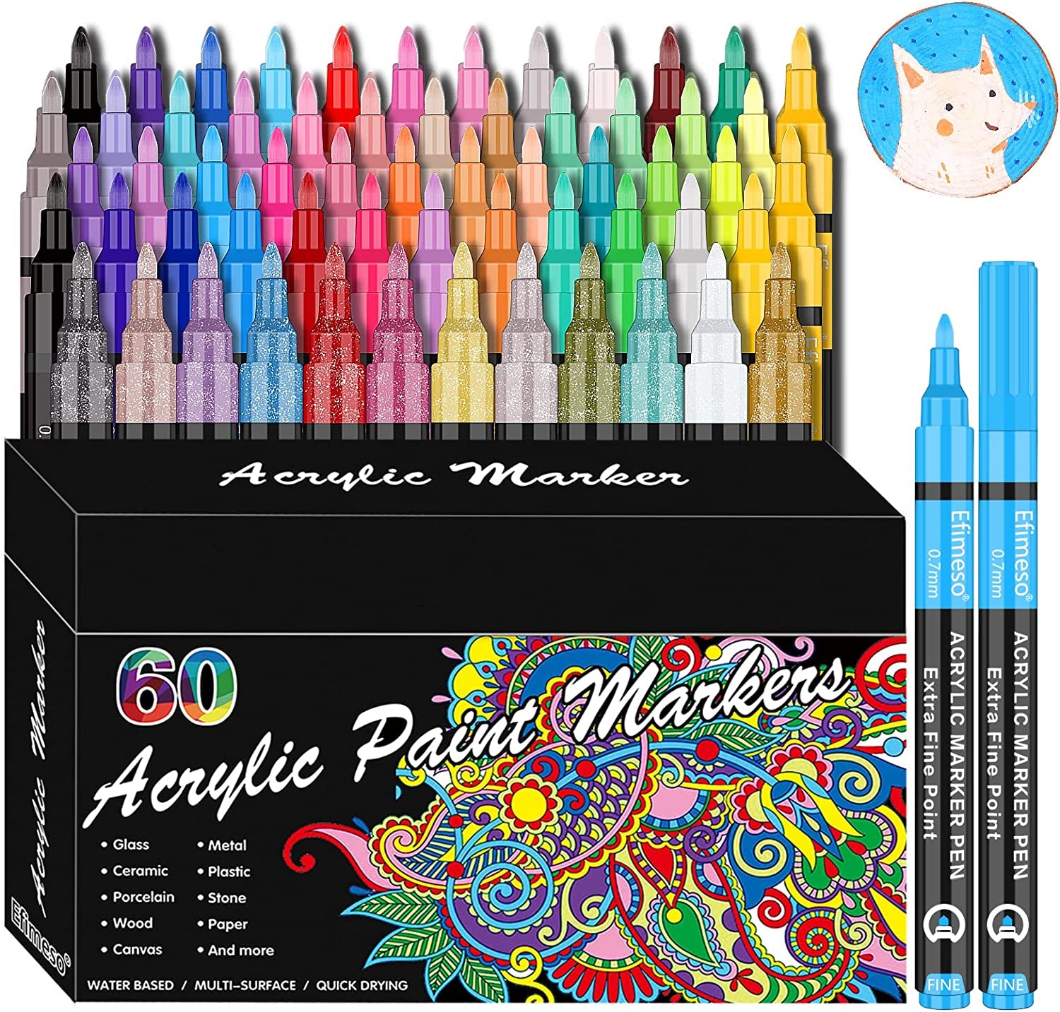 Acrylic Paint Pens, 60 Colors Acrylic Paint Marker, 0.7Mm Extra Fine Paint Pens for Canvas, Rock Painting, Wood, Glass, Metal, Ceramic, Stone