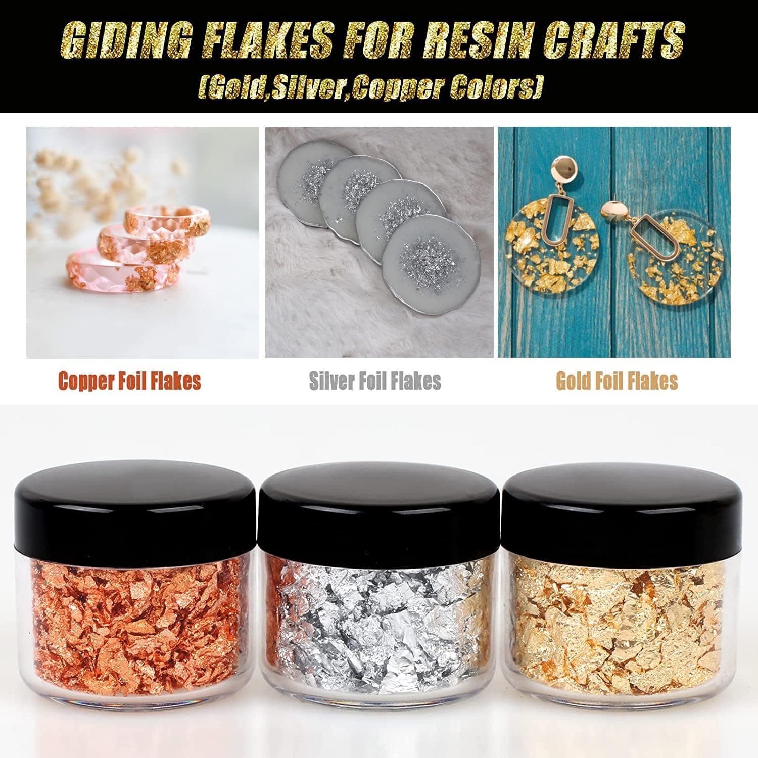 Gold Foil Flakes, 24 Color, Metallic Foil Flakes, Gilding Flakes, Gold Leaf Flakes, Gold Flakes for Resin, Nails, Painting, Crafts