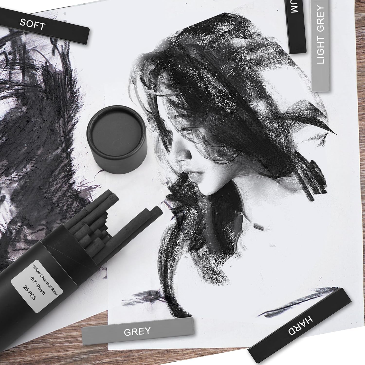 24 Pcs Compressed Charcoal Sticks with Soft, Medium, Hard and White Charcoal - Premium Drawing Charcoal Kit for Drawing, Sketching and Shading - Art Supplies for Artists Beginners