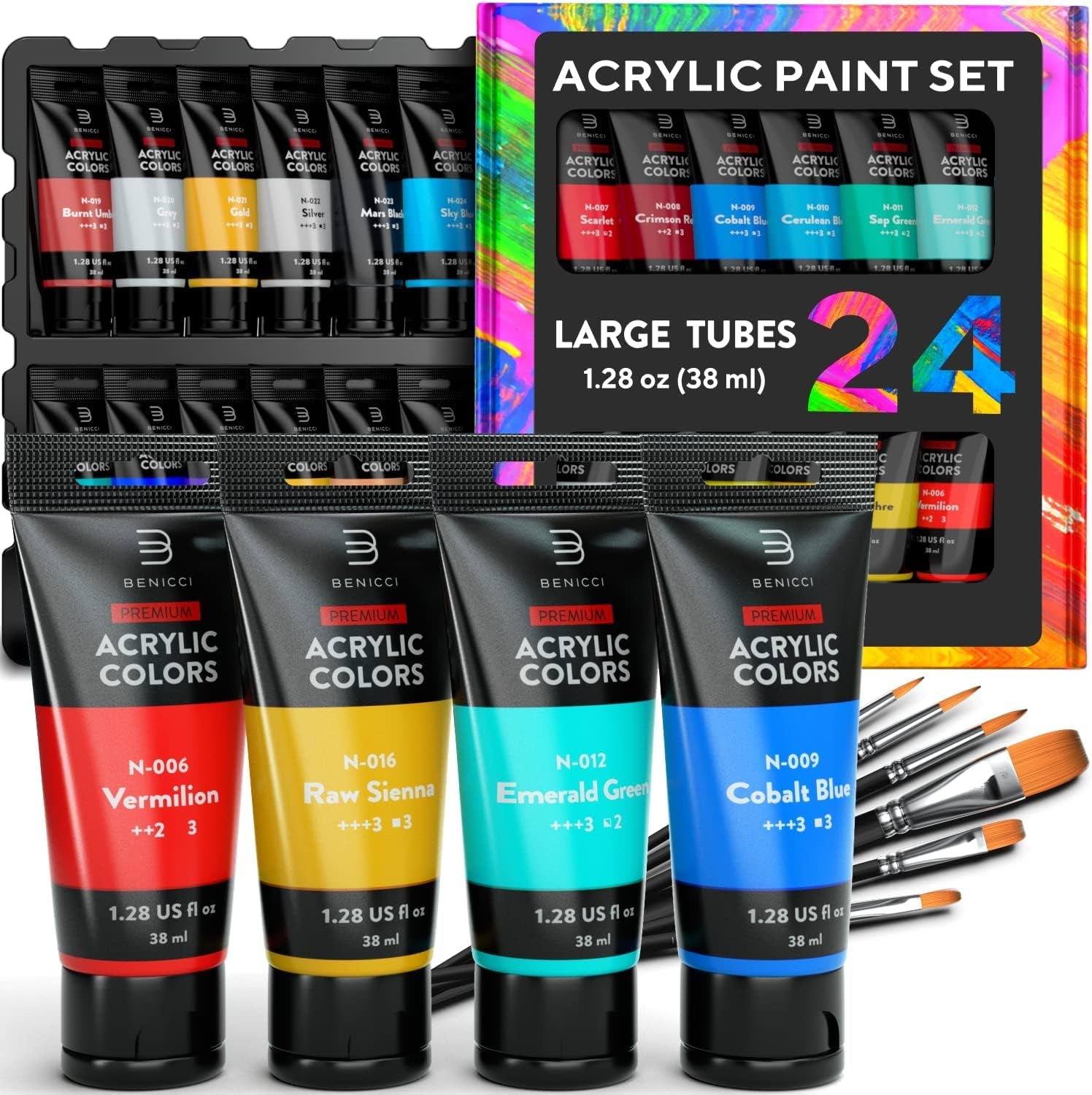 Premium Quality Acrylic Paint Set 24 Colors - 1.28Oz (38Ml) - with 6 Nylon Brushes - Safe for Kids &amp; Adults - Perfect Kit for Beginners, Pros &amp; Artists to Create Amazing Paintings and Artwork