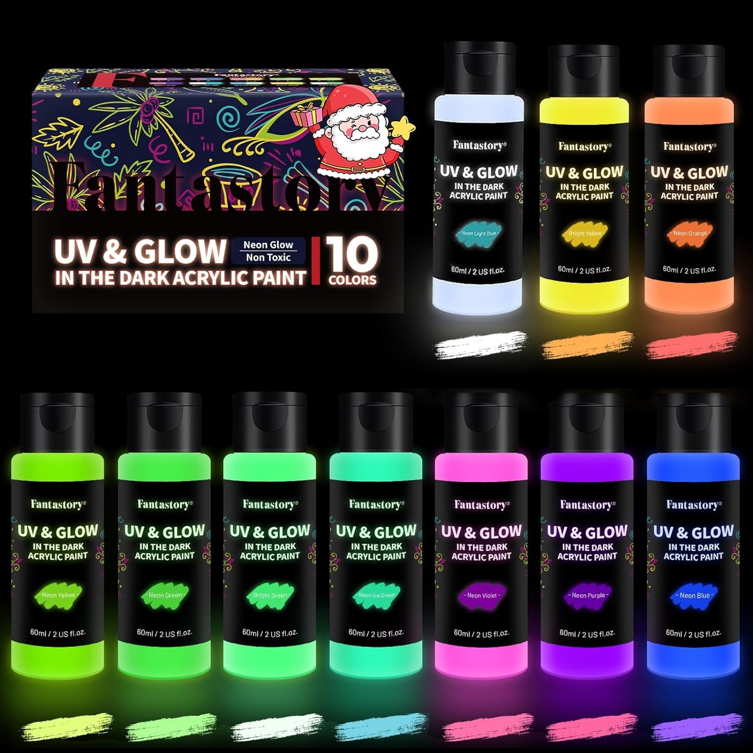 Glow in the Dark Paint, 60Ml/2Oz Neon Glow Acrylic Paints, 2IN1 Paint,Charge-Glow&amp; UV Activated for Outdoor Rocks, DIY Craft,Canvas,Holiday Decor,Christmas,Kids,Adults