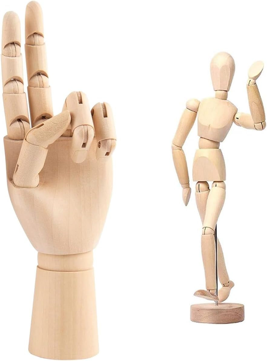 2-Pack 8" Artists Wooden Drawing Figure Mannequin Human People Dolls Figure Manikin Supplies Stop Motion Figure Kit Drawing Tools 12" Wooden Manican Fingers Left Hand for Drawing,Painting,Sketching