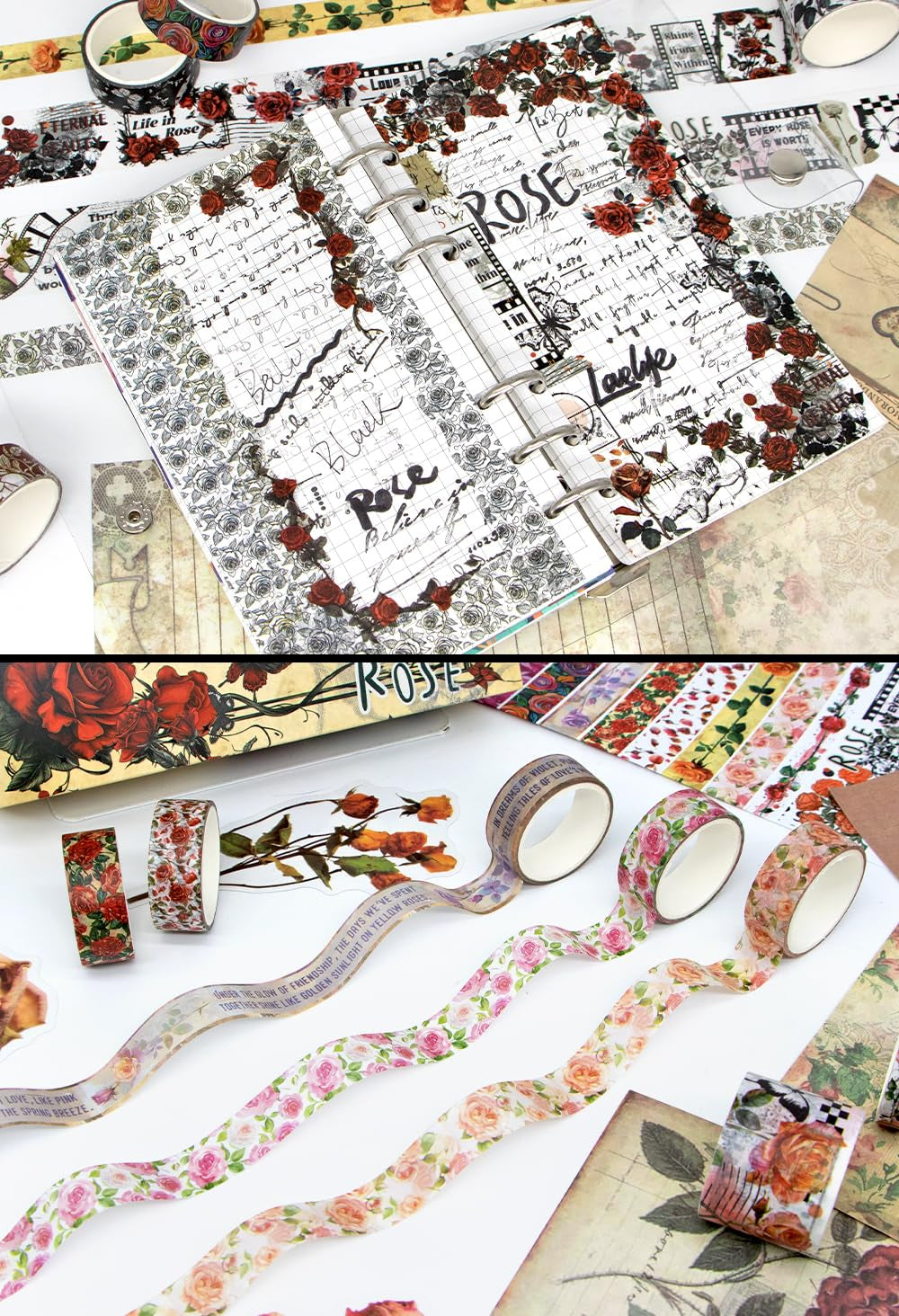 Rose Washi Tape Set, 20 Rolls Vintage Floral Washi Tapes for Journaling, Thanksgiving Flower Letter Butterfly Stickers Decorative Tapes for Crafts Supplies, Scrapbooking, Junk Journal (Love Theme)