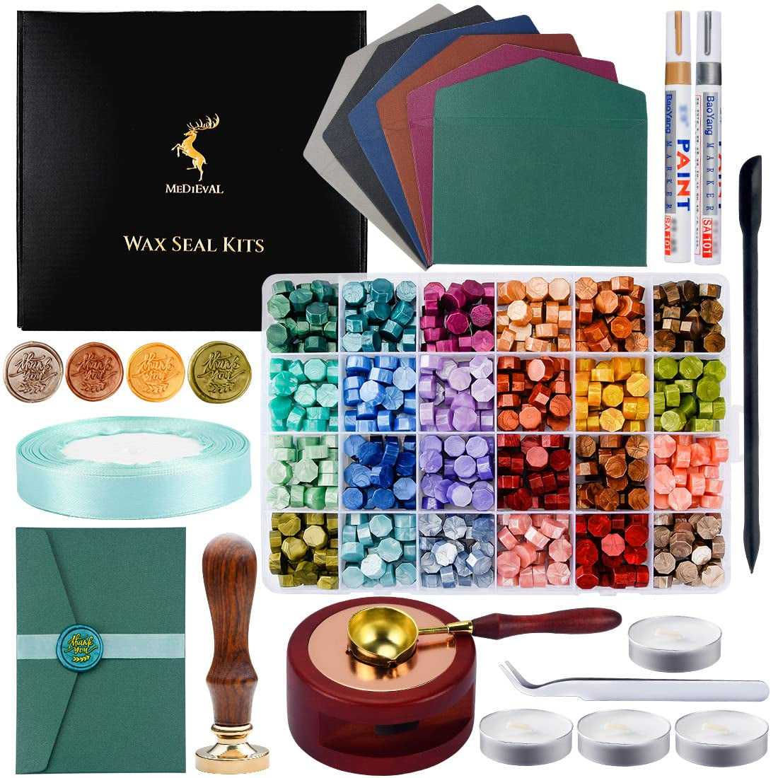 Wax Seal Kit - 24 Colors Sealing Wax Beads/Thank You Wax Stamp/Melting Tool - Making Wax Seals for Envelope Wedding Invitation and Gift Wrapping - Metallic Assorted Color