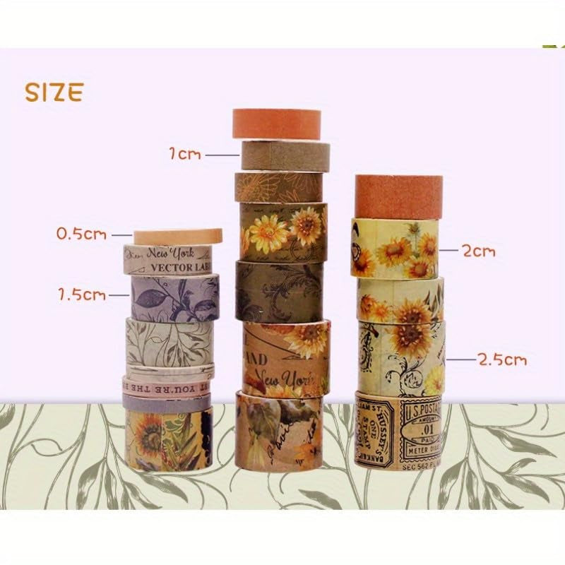 Washi Tape Set, 20 Rolls Sunflower Aesthetic Vintage Decorative Masking Tape,Sun Flowers Fall Tapes for Scrapbooking Supplies,Journaling Supplies,Junk Journal Supplies 5/10/15/20/25Mm