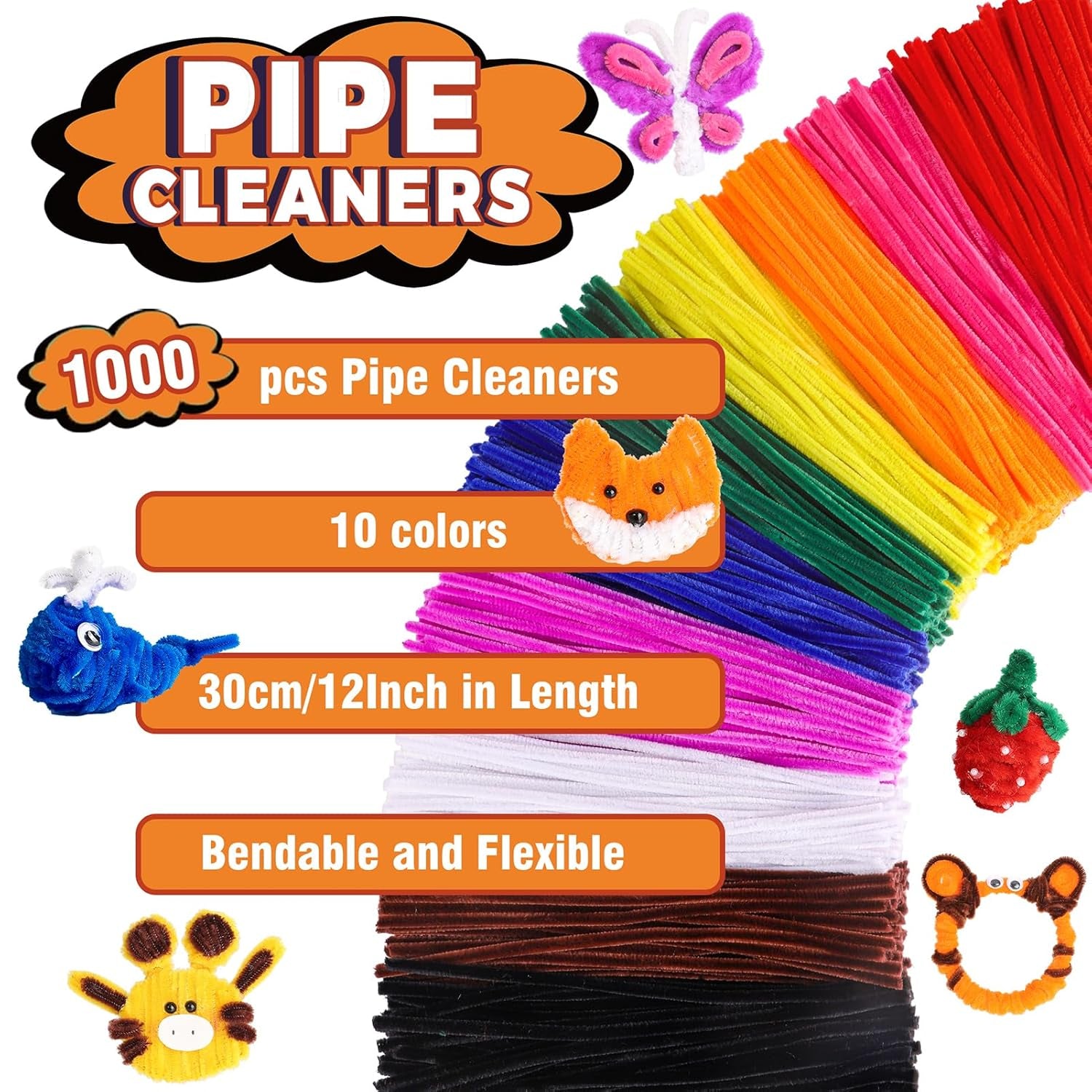 1000PCS Pipe Cleaners Bulk, 10 Color Chenille Stems Craft Supplies for Kids Crafts Projects and Decorations (12Inch×6Mm）