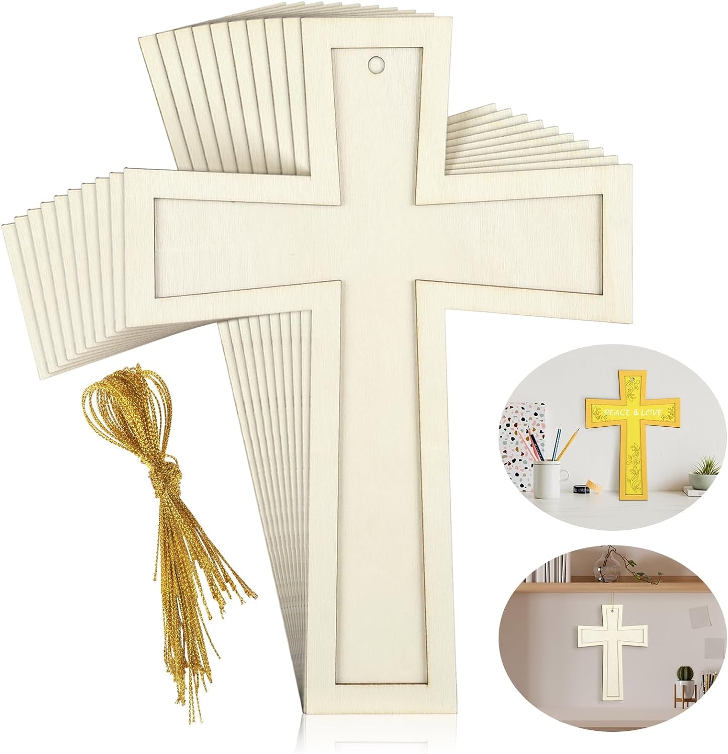 24 Pcs Unfinished Wooden Crosses for Crafts 8.9 X 6.5 Inch Unpainted Large Blank Wooden Layered Cross for Sunday School Crafts DIY Easter Projects Church Home Wall Decoration with String