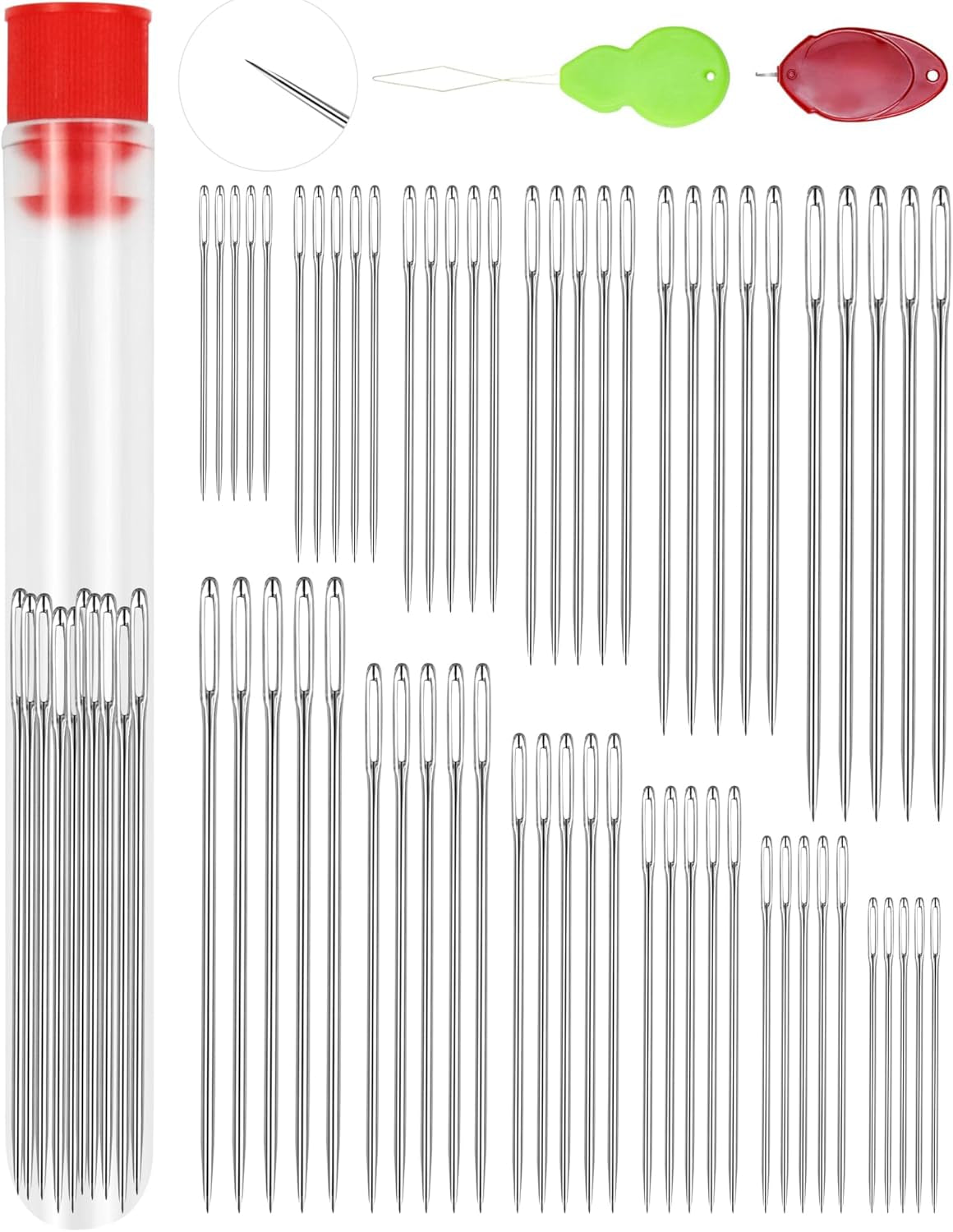 60 PCS Large Eye Sewing Needles, 6 Sizes Hand Sewing Needles, Leather Needle Embroidery Thread Needle, Stainless Hand Quilting Needles with Threaders for Hand Sewing Art Crafts