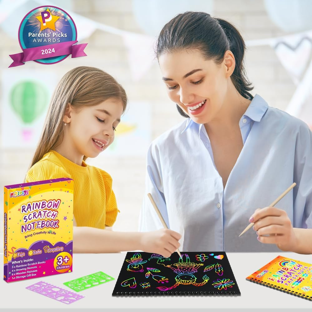Gifts for 3-12 Year Old Girls Boys - 3 Pack Rainbow Scratch off Notebooks Arts Crafts Supplies Set Color Drawing Paper Kit for Kids Birthday Game Party Favor Christmas Easter Activity Toy