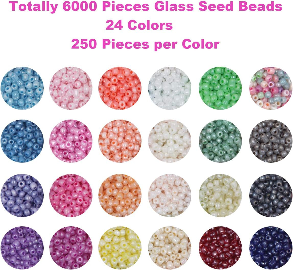 6000Pcs Glass Seed Beads Small Craft Beads for DIY Bracelet Necklaces Crafting Jewelry Making Supplies with Two 0.8Mm Clear Bracelet String (4Mm, 250 per Color, 24 Colors)
