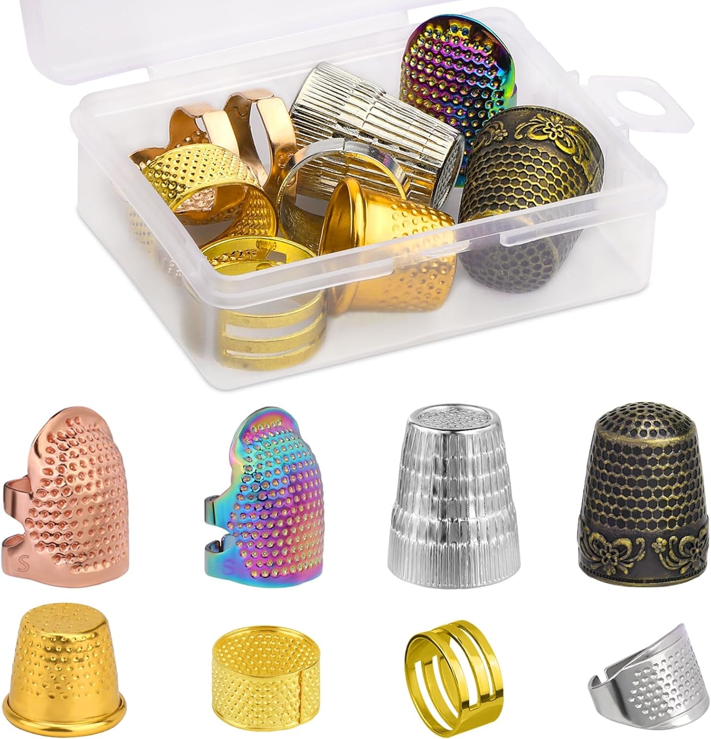 8 Pcs Metal Sewing Thimble, Adjustable Thimble for Hand Sewing Finger Protector,Diy Sewing Tools Accessories, Sewing Thimble Cap with Plastic Storage Box