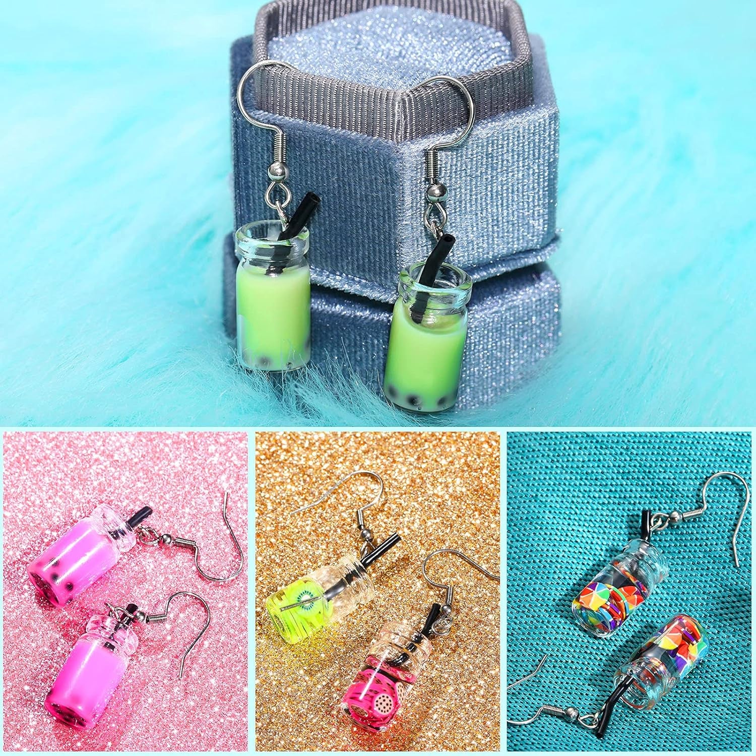 104 Pcs Milk Tea Charm Boba Charms Mini Colorful Bottle Charms Fruit Juice Pendant for DIY Jewelry Craft Earring Keychain