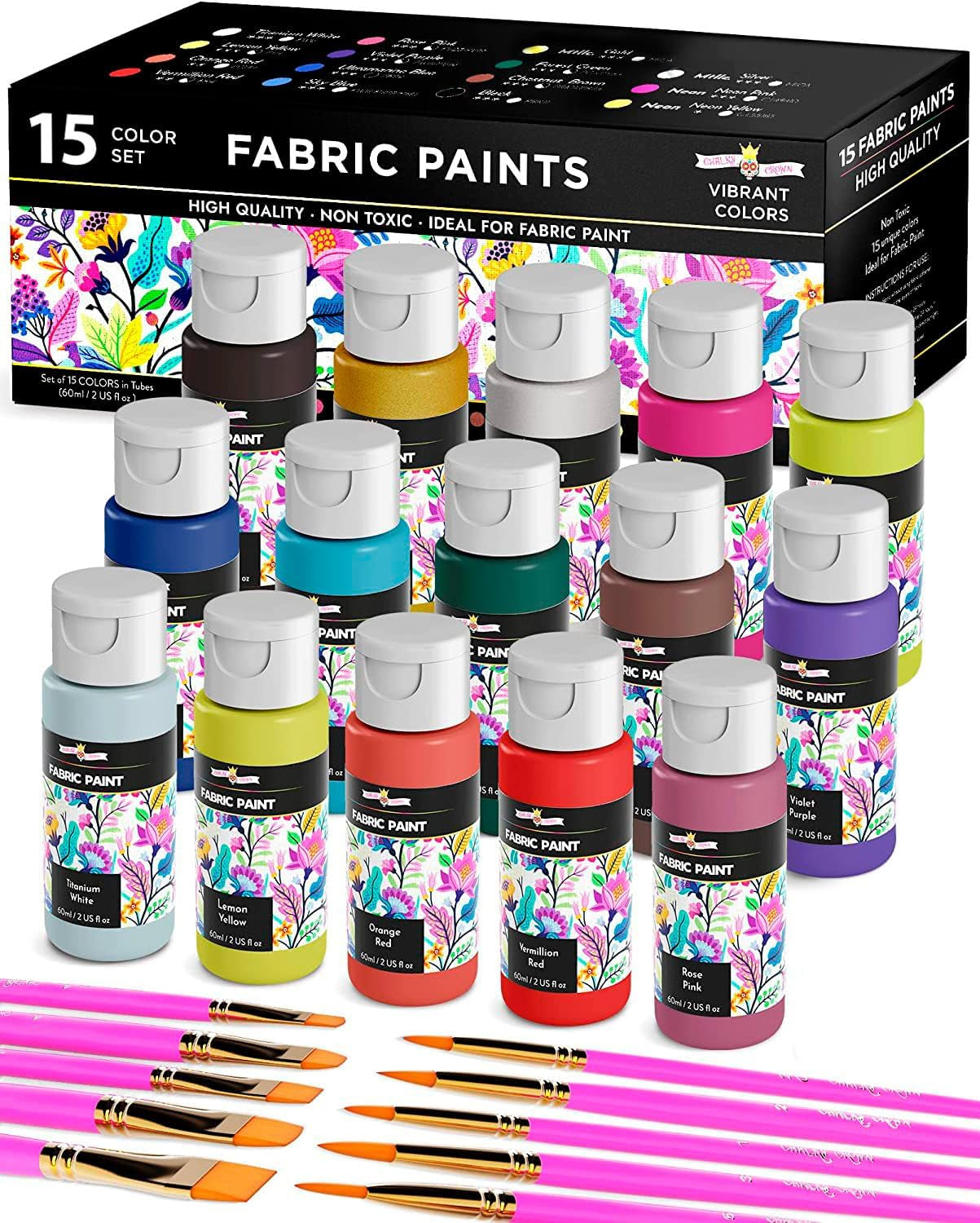 Permanent Fabric Paint for Clothes, 15 Colors - Fabric Paint for Canvas Textile Paint Cloth Paint Fabric Paint Set Fabric Paints Child Safe Paint for Fabric with 10 Brushes & Storage Box (60Ml Each)