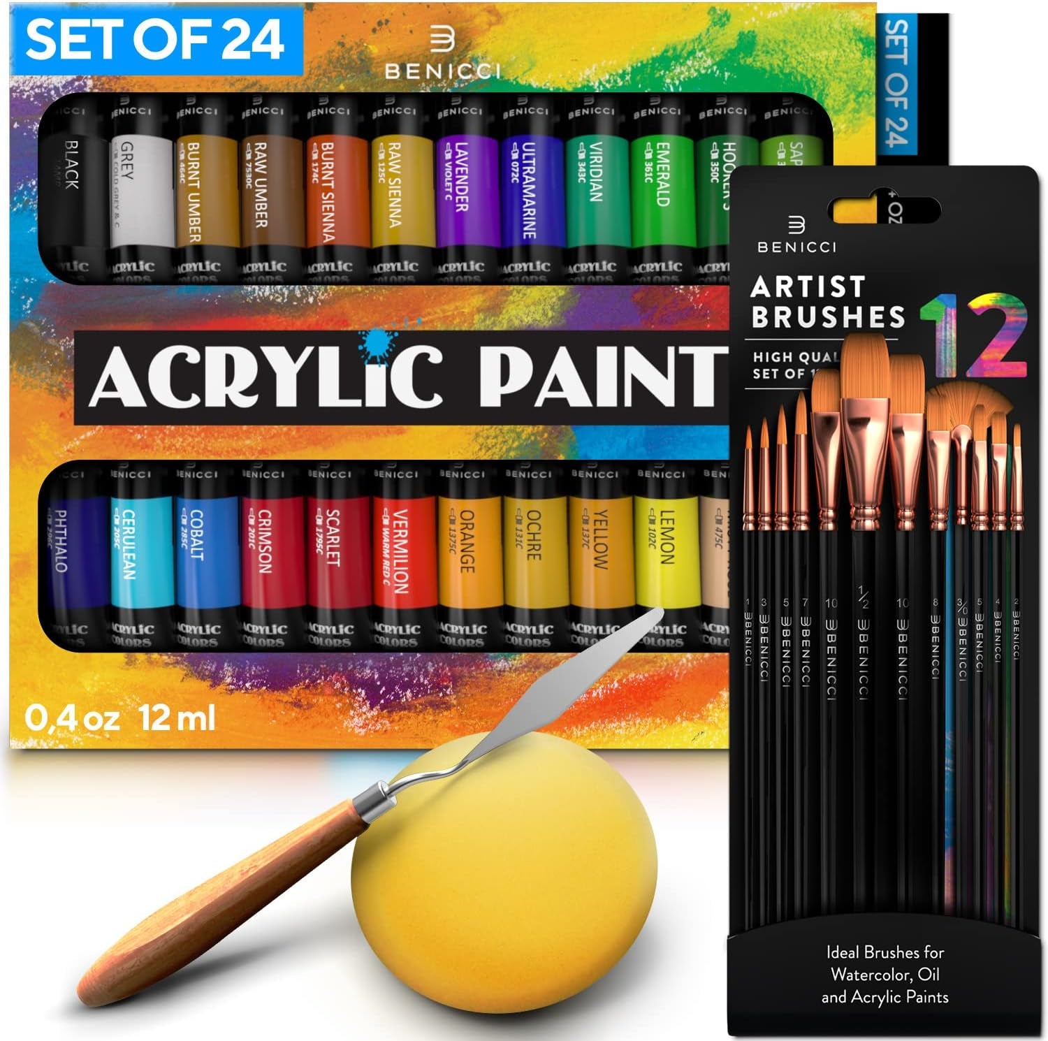 Complete Acrylic Paint Set – 24Х Rich Pigment Colors – 12X Art Brushes with Bonus Paint Art Knife & Sponge – for Painting Canvas, Clay, Ceramic & Crafts, Non-Toxic & Quick Dry – for Kids & Adults