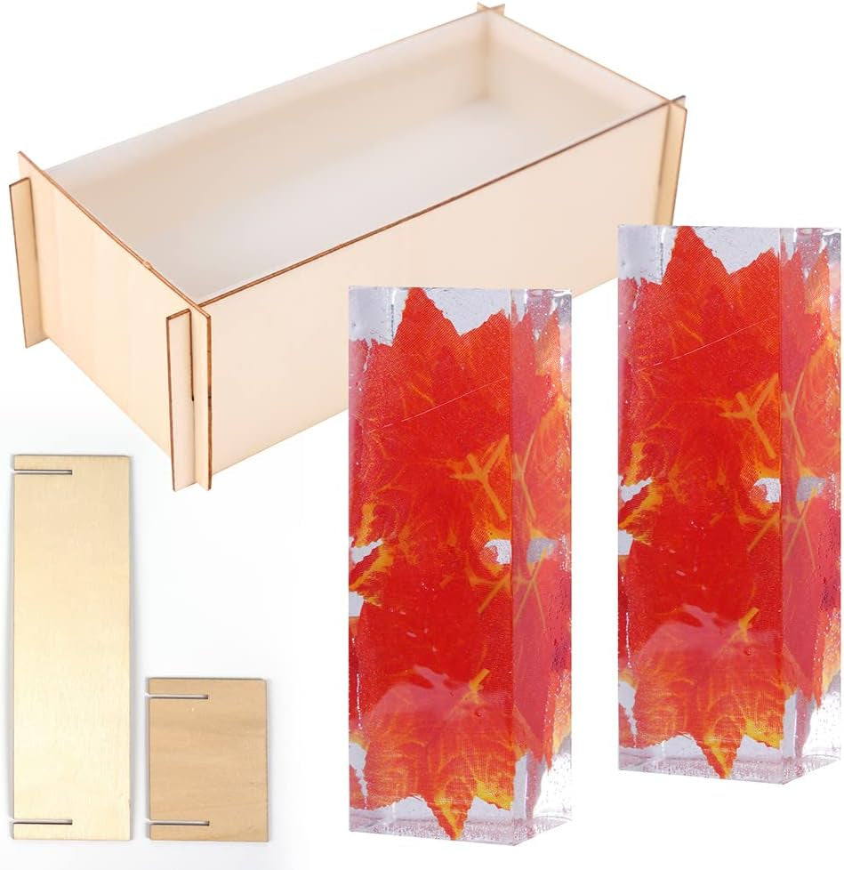 2PCS Different Size Silicone Resin Molds, Deep Rectangle Epoxy Resin Molds with Wooden Support, Large Size DIY Molds for Home Office Decoration Resin Casting