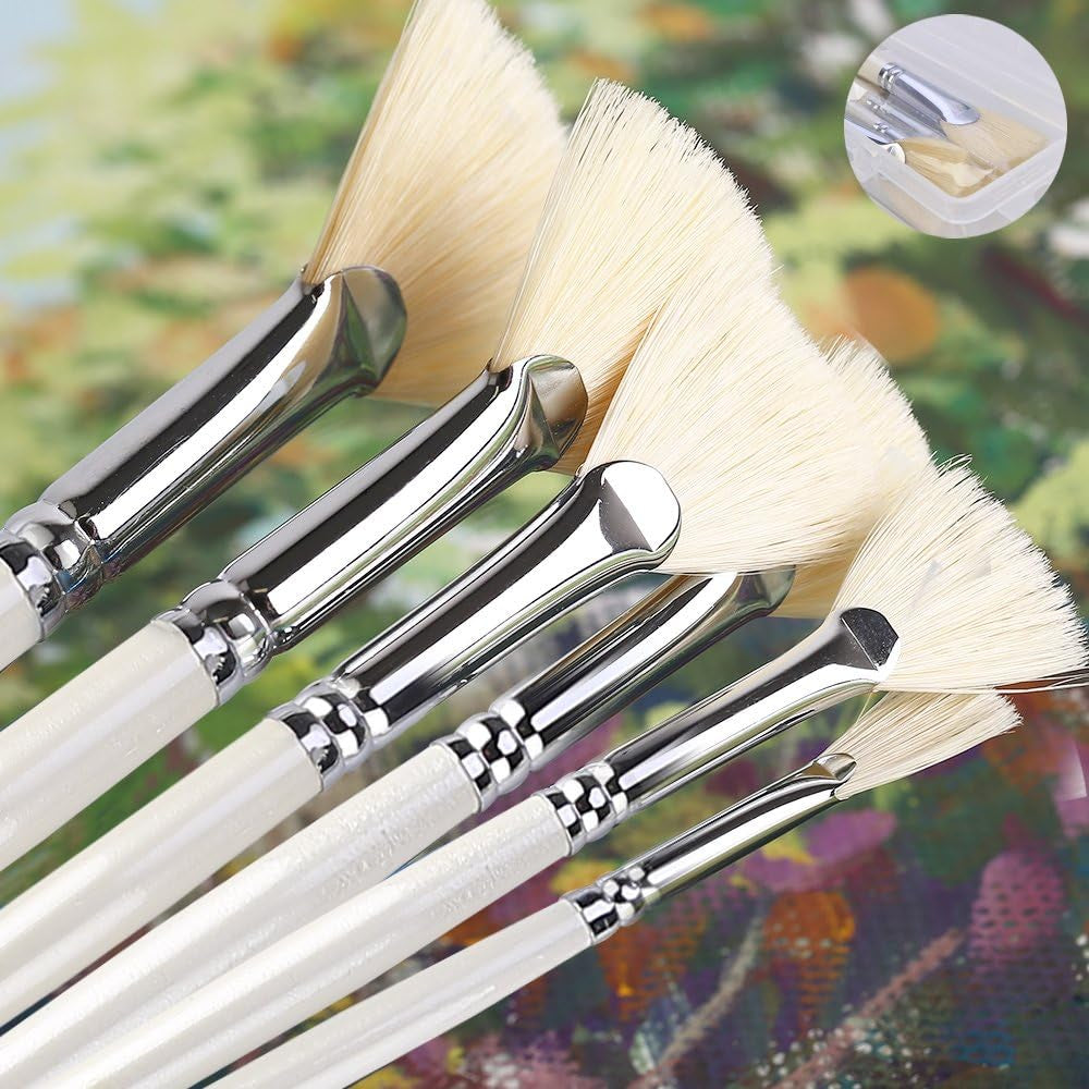 Fan Brush Set - Hog Bristle Natural Hair - Artist Soft Anti-Shedding Paint Brushes for Acrylic Watercolor Oil Painting, Long Wood Handle with Case, Set of 6