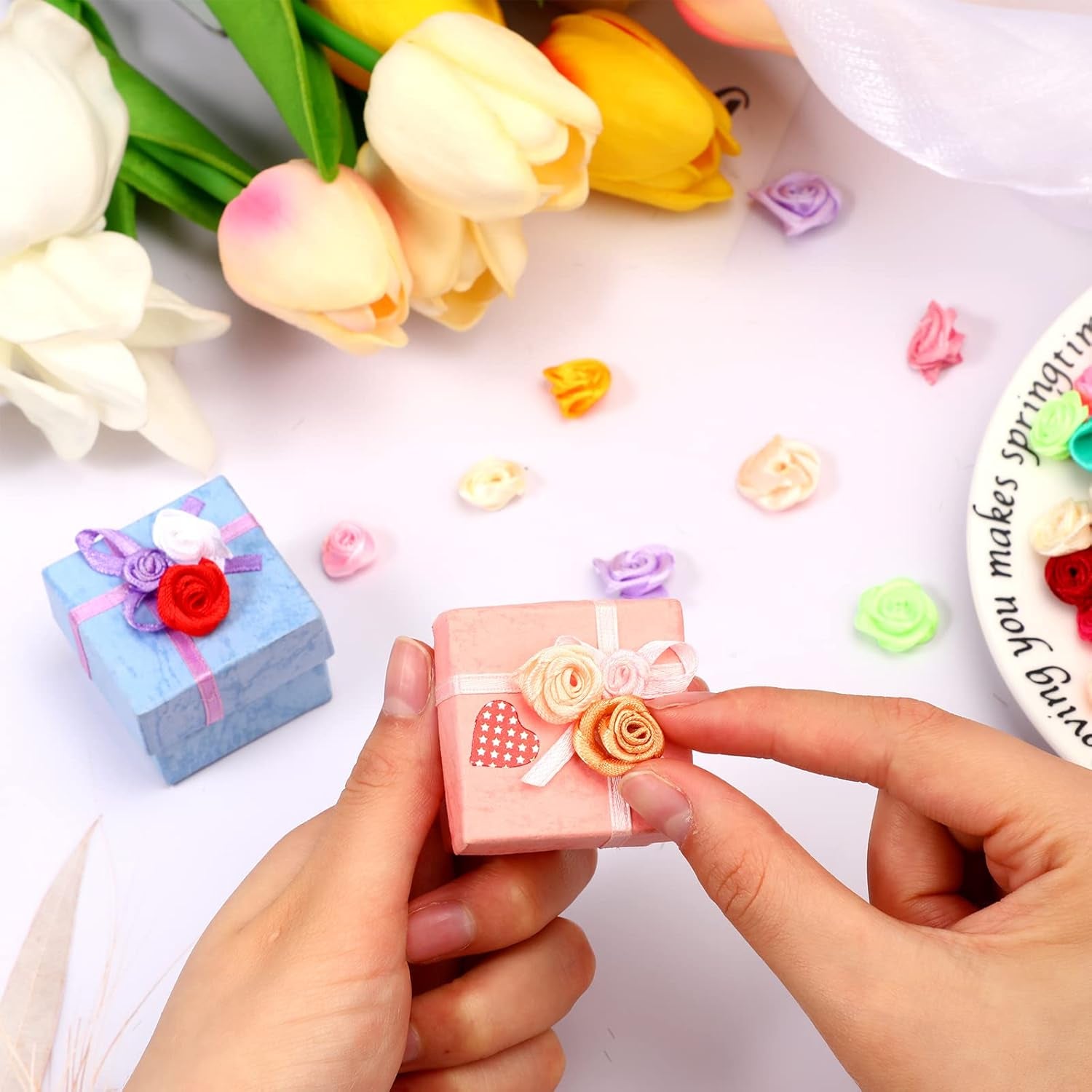 300 Pcs Mini Satin Ribbon Roses Small Flowers for Crafts Tiny Satin Roses Artificial Fabric Flowers Applique DIY Sewing Embellishments for Wedding Bride Gift Wrapping Decoration(Multicolor)