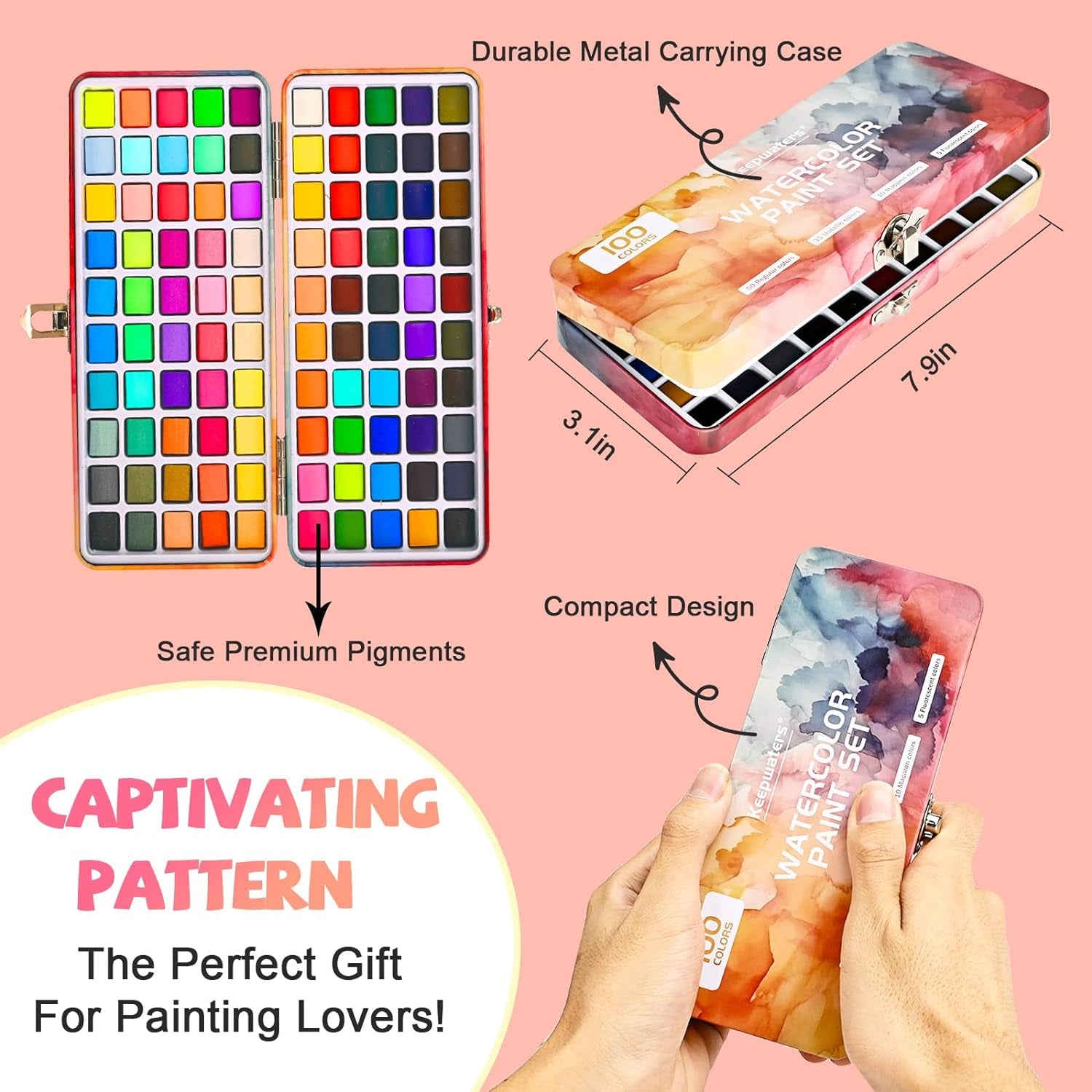 Watercolor Paint Set, 100 Water Color Pallet Adult, Travel Watercolor Palette Set with Regular, Macaron, Metallic & Fluorescent Colors - Art Supply Kit for Kids, Adults, Beginners, Artists