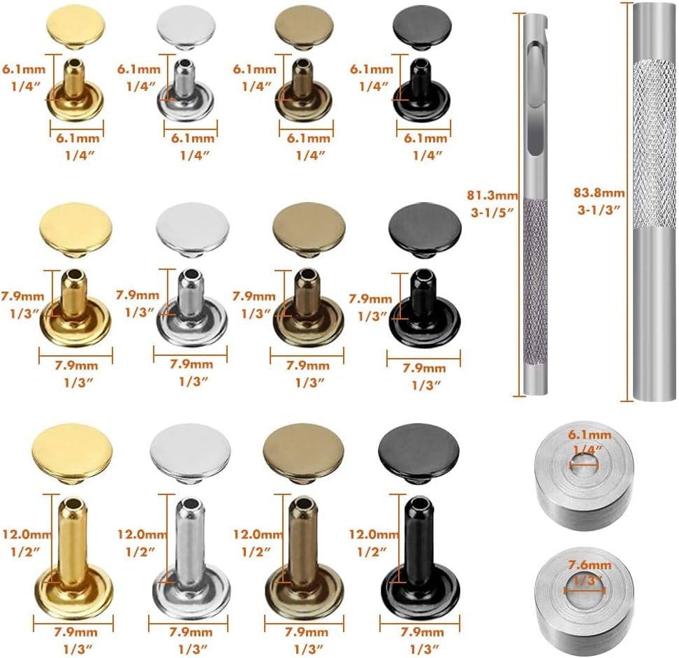 480 Sets 4 Colors 3 Sizes Leather Rivets Double Cap Rivet Tubular Metal Studs with 3 Pieces Setting Tool Kit for Leather Craft Repairs Decoration