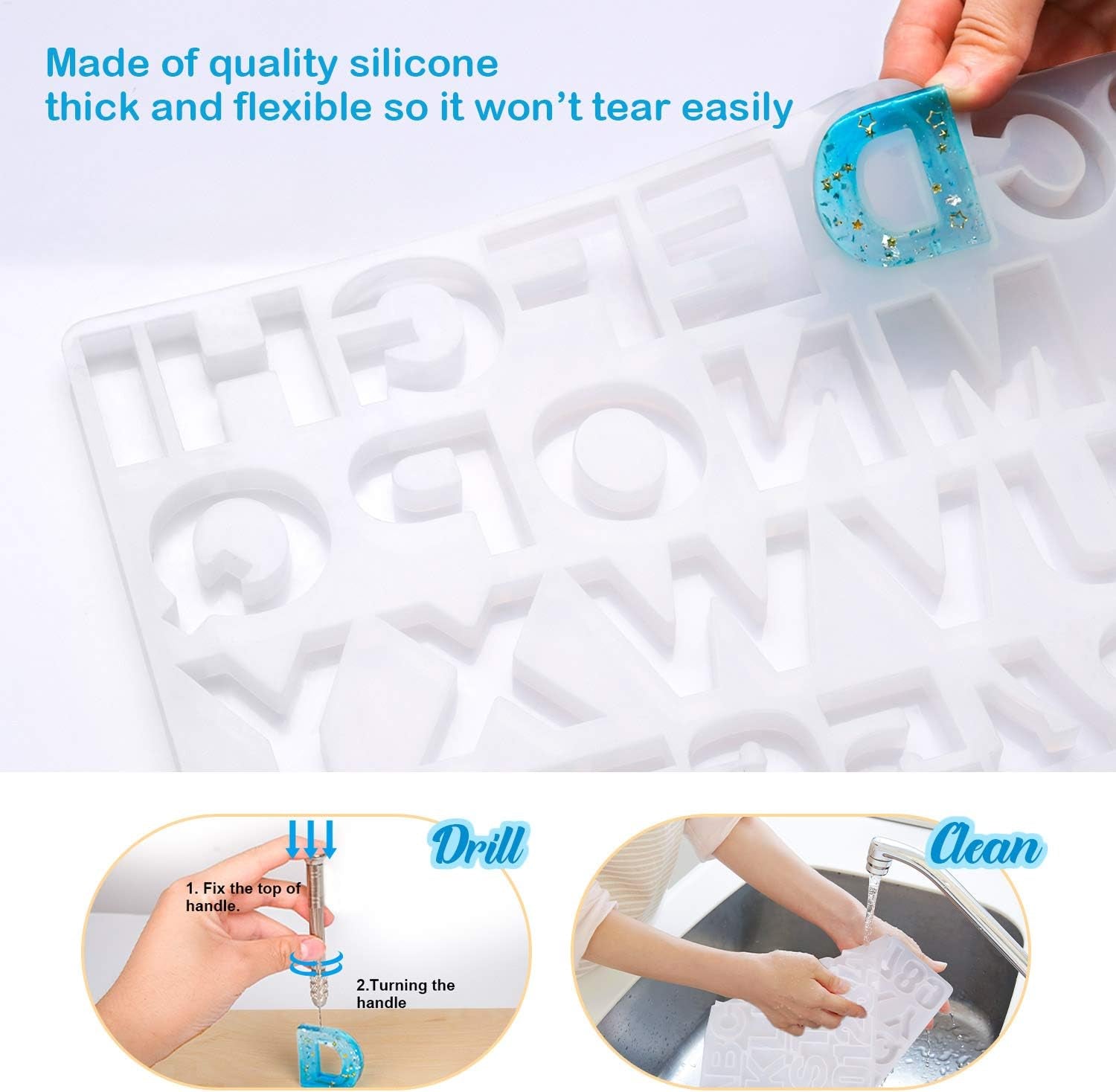134Pcs Alphabet Keychain Resin Molds Kit, Reversed Letter Number Silicone Mold Epoxy Resin Casting Molds Key Chain Making Set with 1 Hand Drill 2 Drill Bits 30 Key Rings 100 Screw Pin