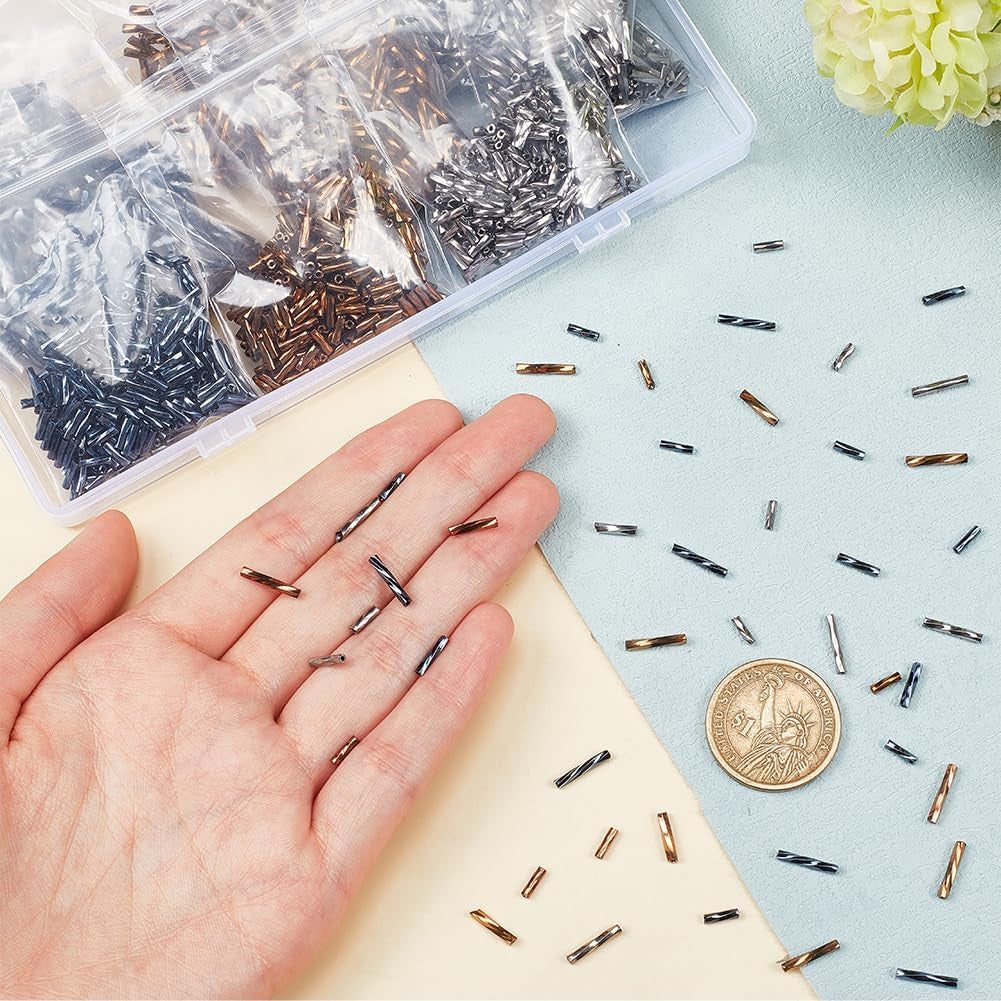 2000Pcs Twisted Bugle Beads, 3 Colors Metallic Bugle Beads 6/9/12Mm Glass Long Tube Seed Bead Craft Beads Loose Spacer Beads for Fringe Earrings Bracelets Necklaces Jewelry Crafts Making