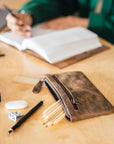 Leather Pencil Case Pouch 8" X 4" Handcrafted Leather Pen Case with Zipper - Elegant & Practical Brown Leather Pencil Pouch with Side Pouches - Pencil Pouch Leather