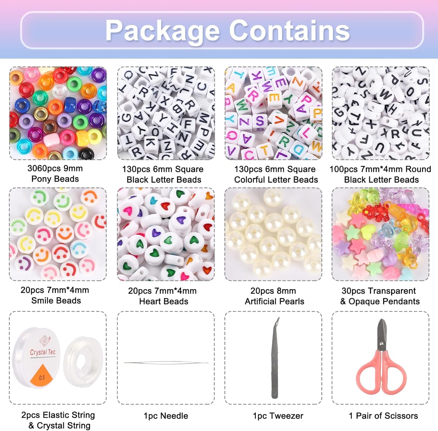 3510Pcs 36 Colors, Hair Pony Beads Bulk with Letter Bead, 9Mm Rainbow DIY Kandi Beads Kit for Jewelry Making Bracelets Pearl Transparent and Opaque Pendants