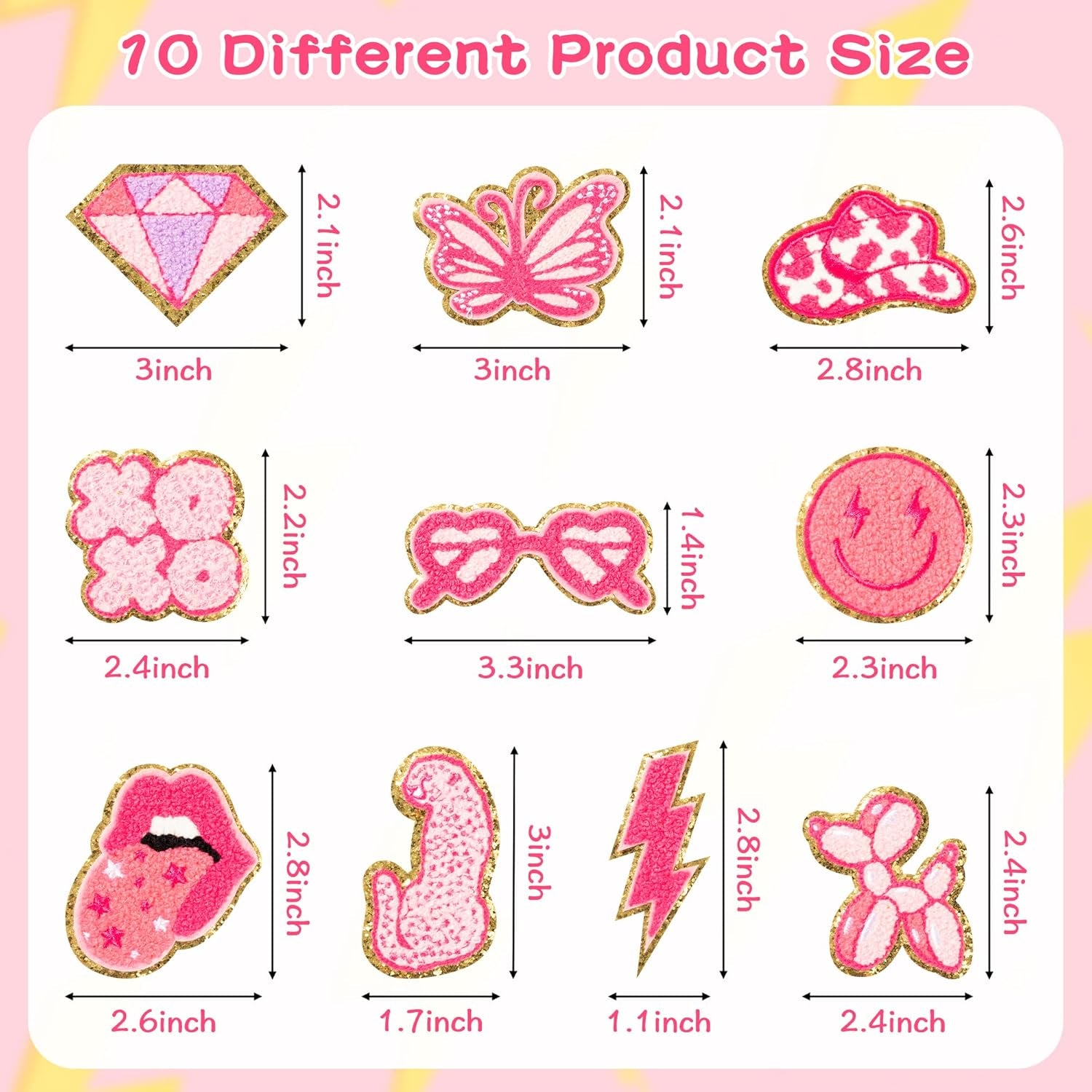 10Pcs Pink Preppy Iron on Patches for Girls Y2K Chenille Embroidered Repair Patch Hanging Lip Lightning Bolt Leopard Face DIY Accessories Sew on Applique for Backpack Clothes Hats Dress Jackets Jeans