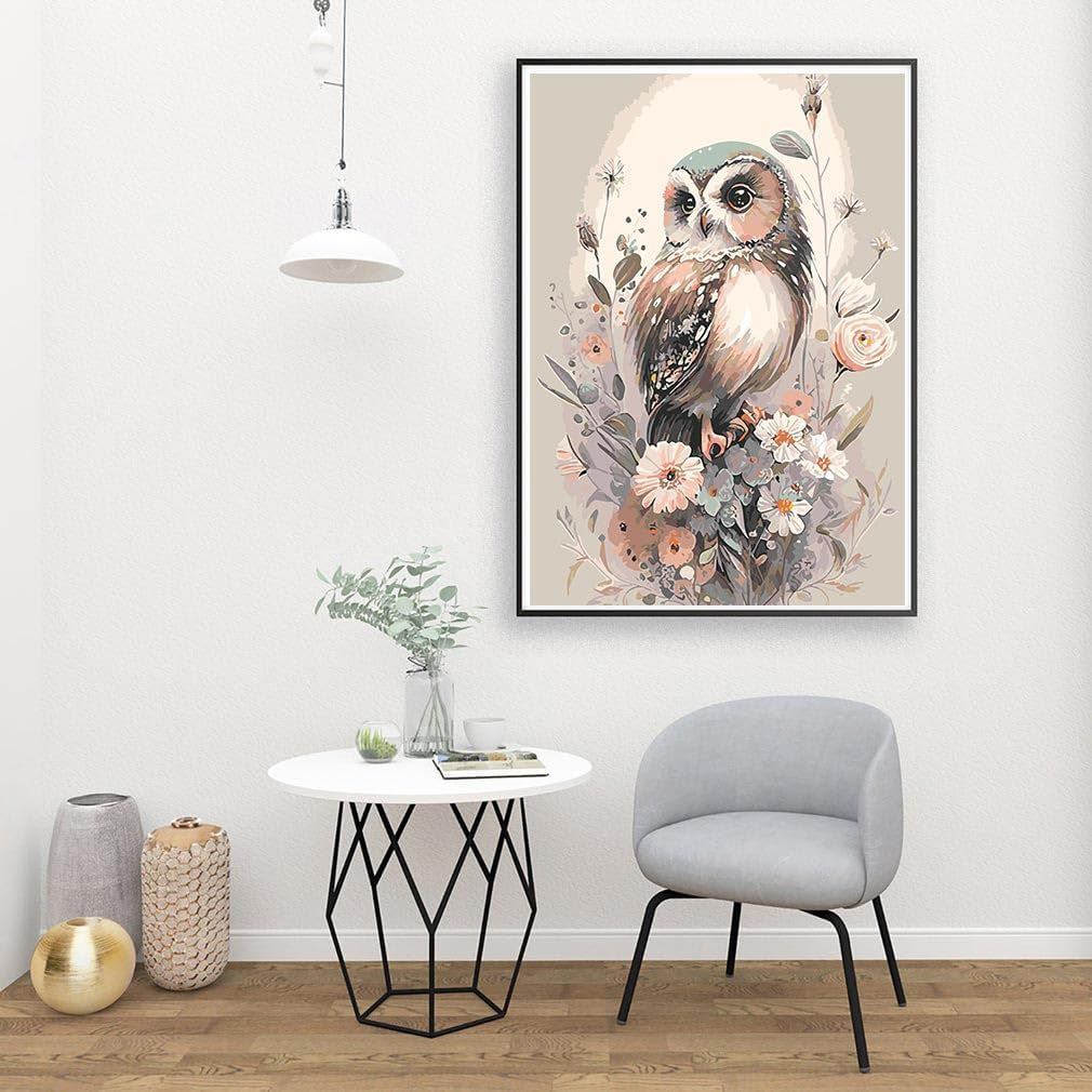 Owl Paint by Number for Adult Kit, DIY Acrylic Paint by Numbers for Adults Beginner, Owl and Flowers Oil Painting by Number on Canvas for Home Wall Decor 16X20Inch