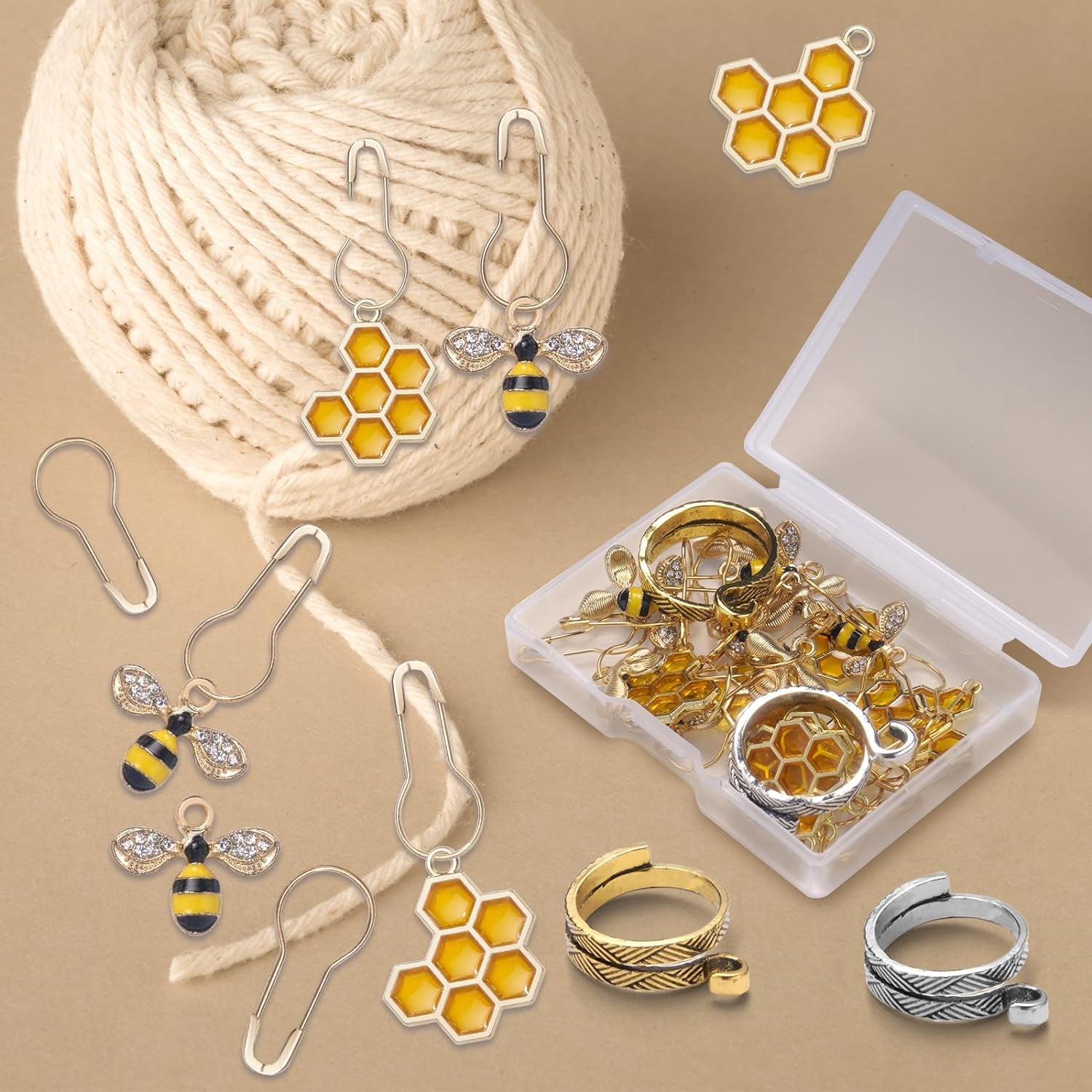 20 Pcs Cute Bee Honeycomb Stitch Marker, 2 Pcs Adjustable Knit Crochet Loop Ring for Crocheting and Knitting, Alloy Crochet Stitch Marker Knitting and Crocheting Accessories