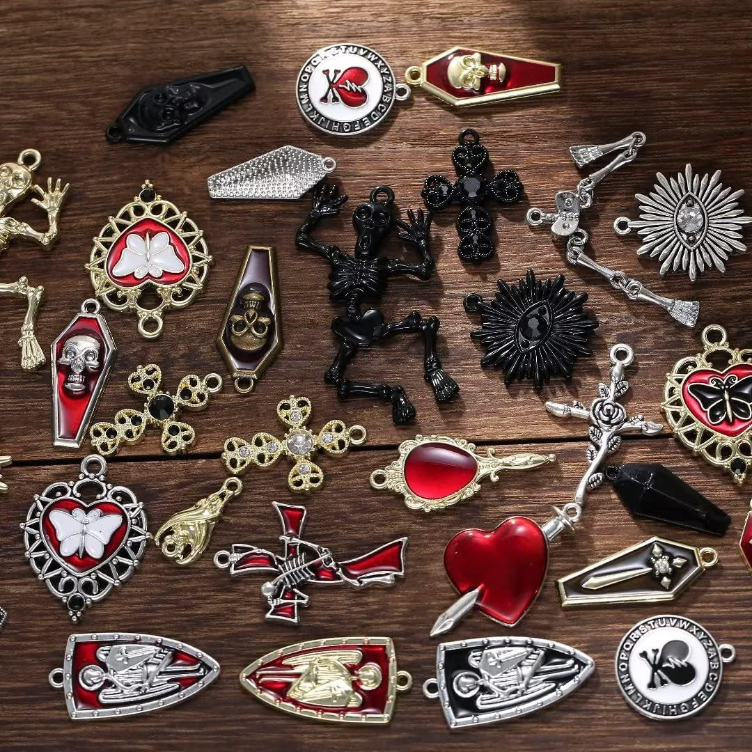 Baroque 64Pcs Assorted Gold Black Red Rose Skull Enamel Charms Coffin Cross Halloween Charm Pendant DIY for Earrings Necklace Bracelet Jewelry Making and Crafting